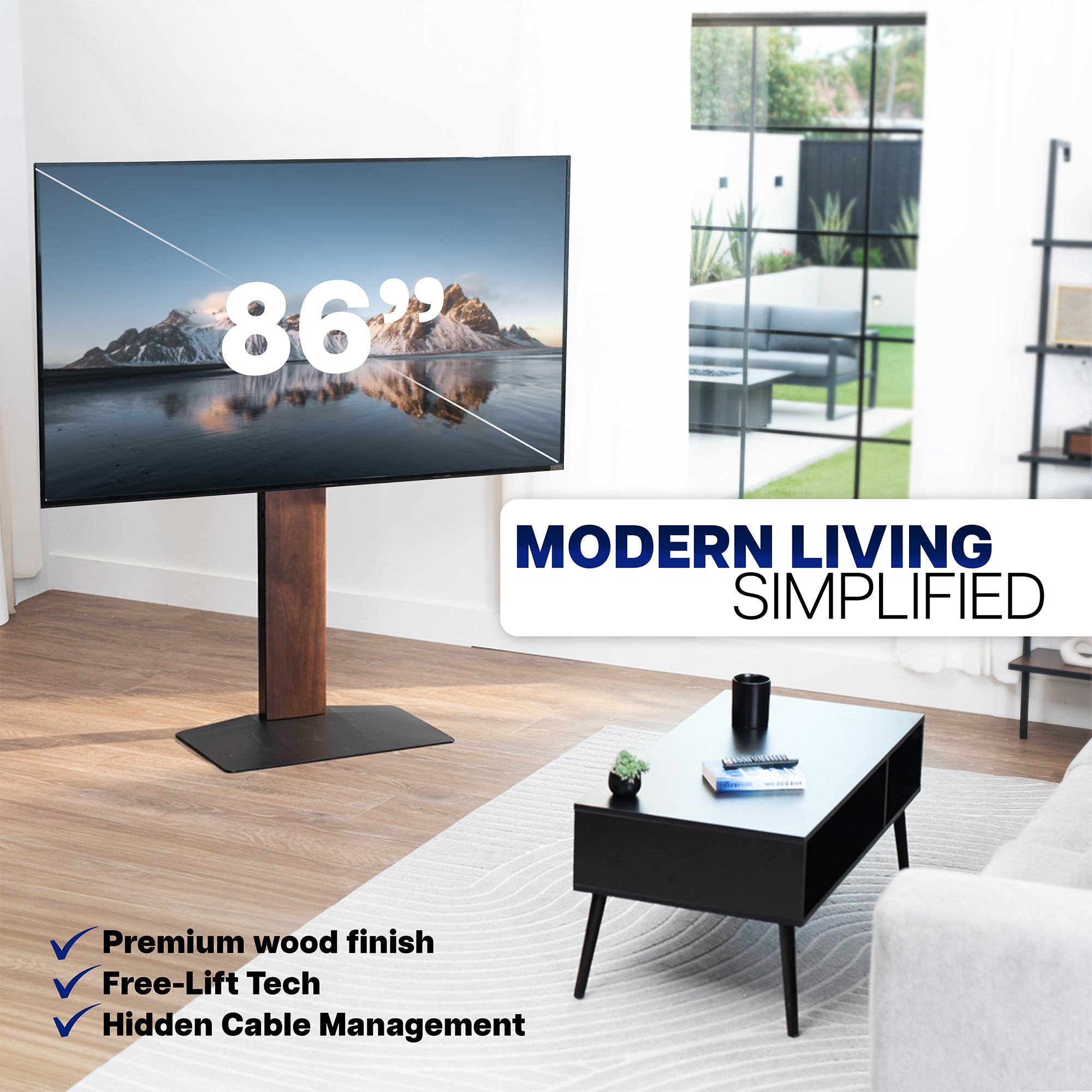 Large 86-inch TV on a TV Floor Stand in a modern living room with 'Modern Living Simplified' text.