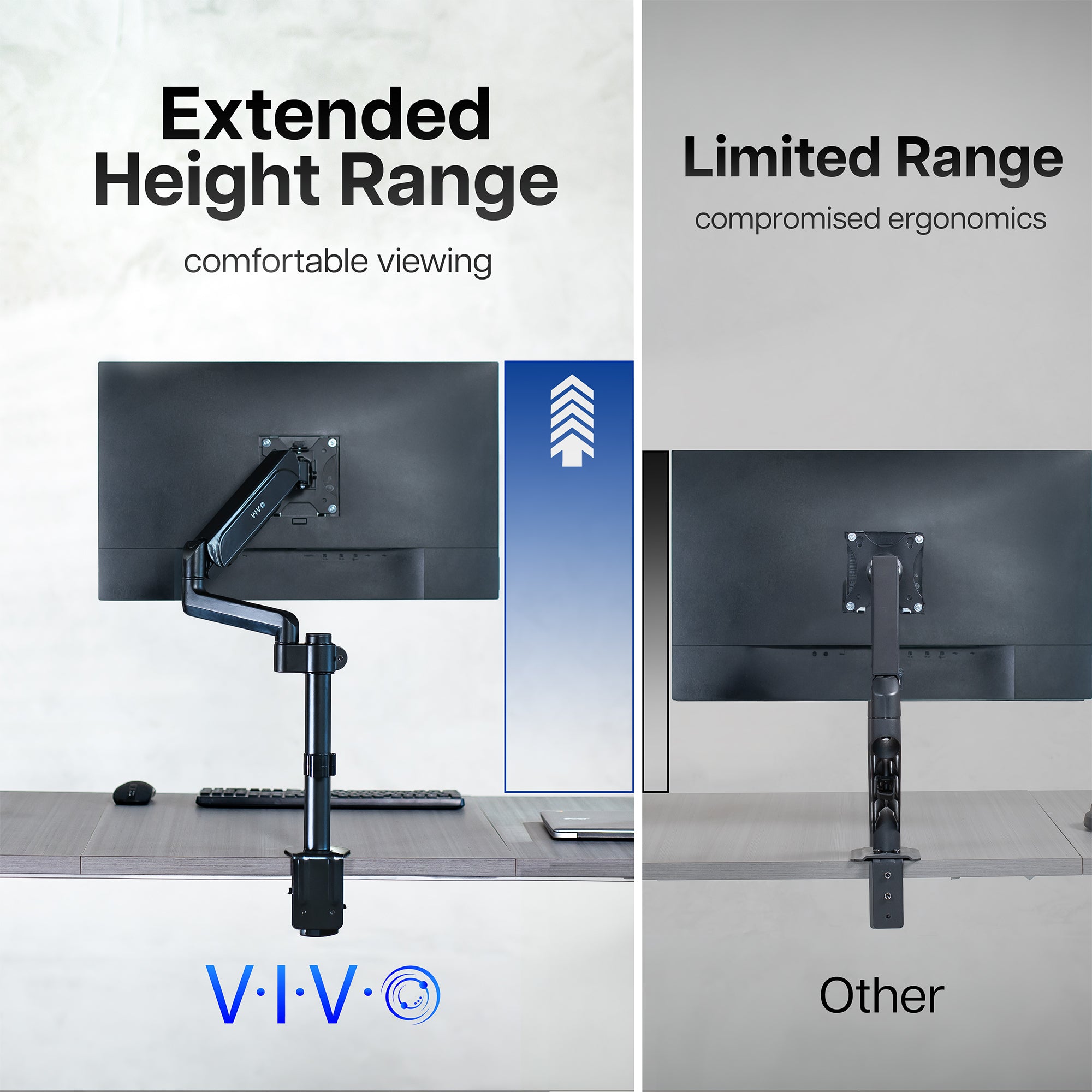 Pneumatic single monitor mount offers extended height range compared to others with limited ranges