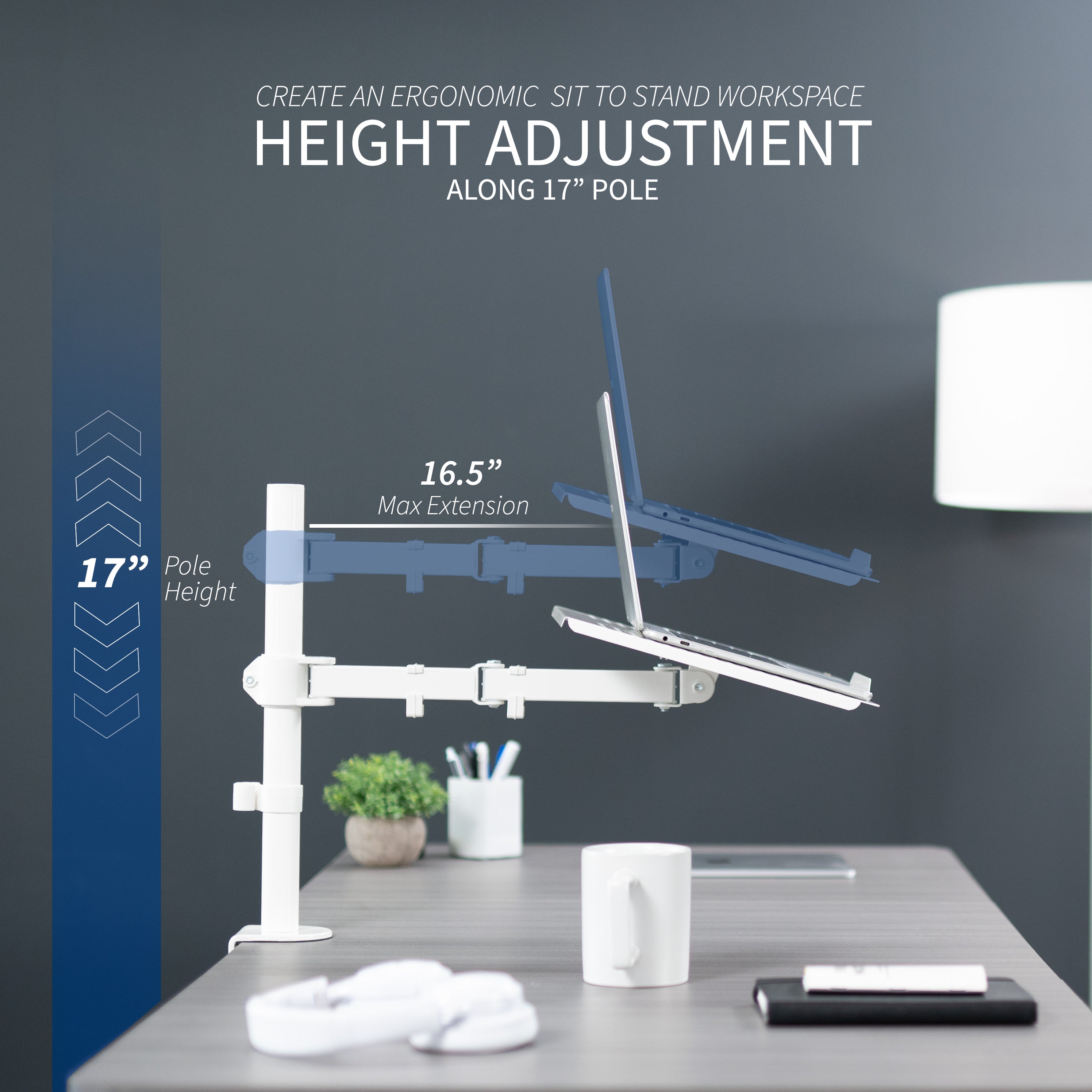 Ergonomic desk setup with height-adjustable laptop stand on a desk.