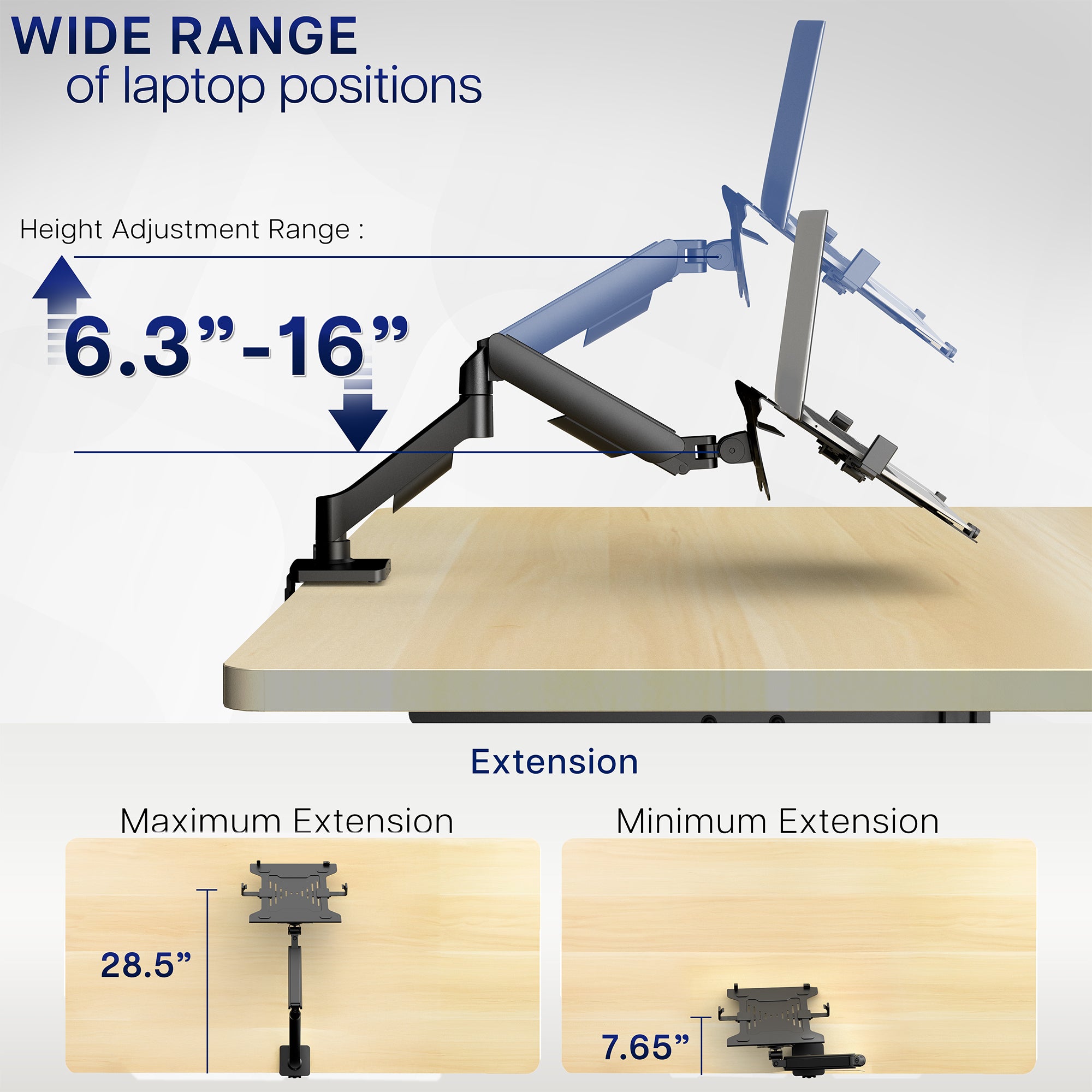 Laptop on a adjustable desk mount on a wooden desk with a modern office background