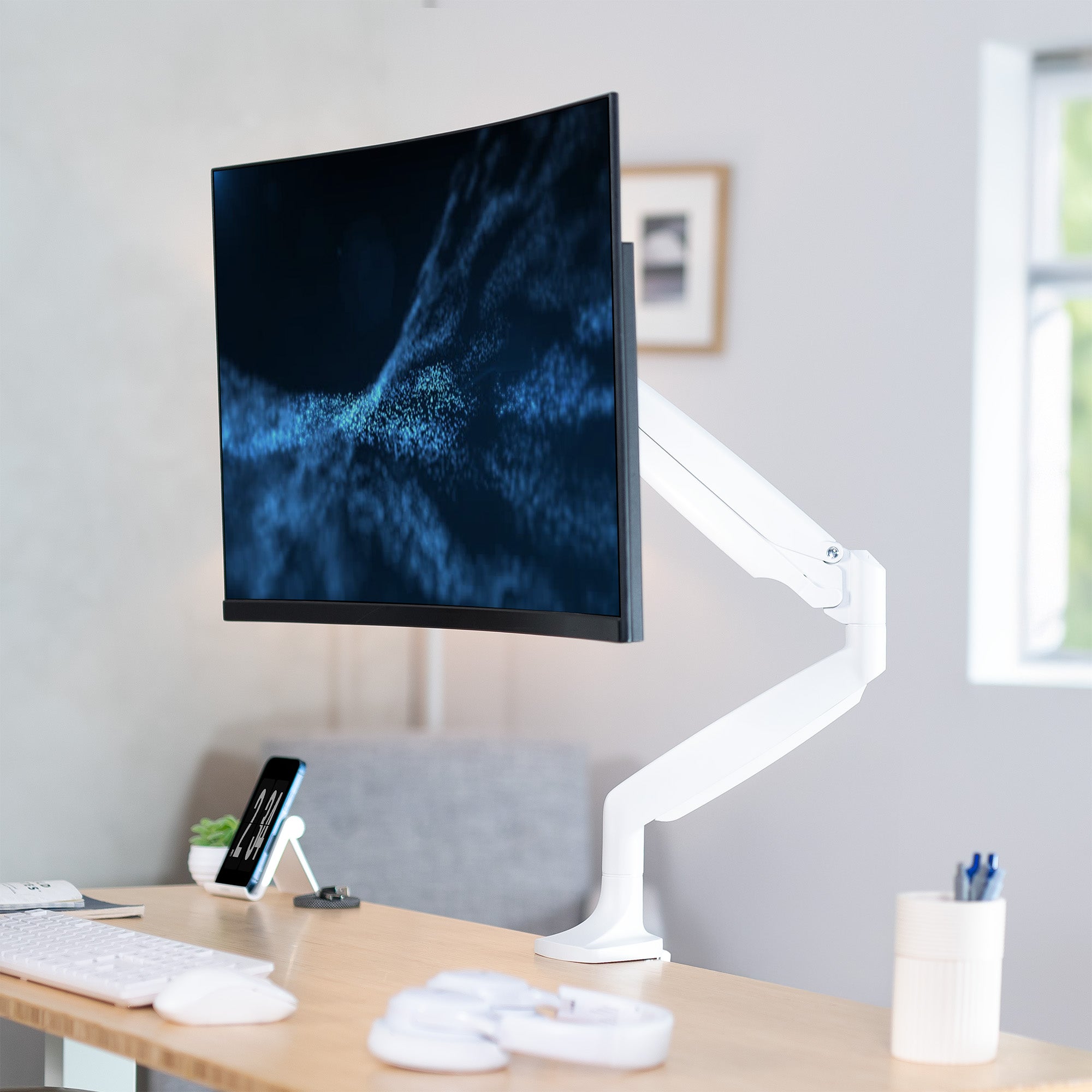 White Pneumatic Arm Adjustable Single Monitor Desk Mount