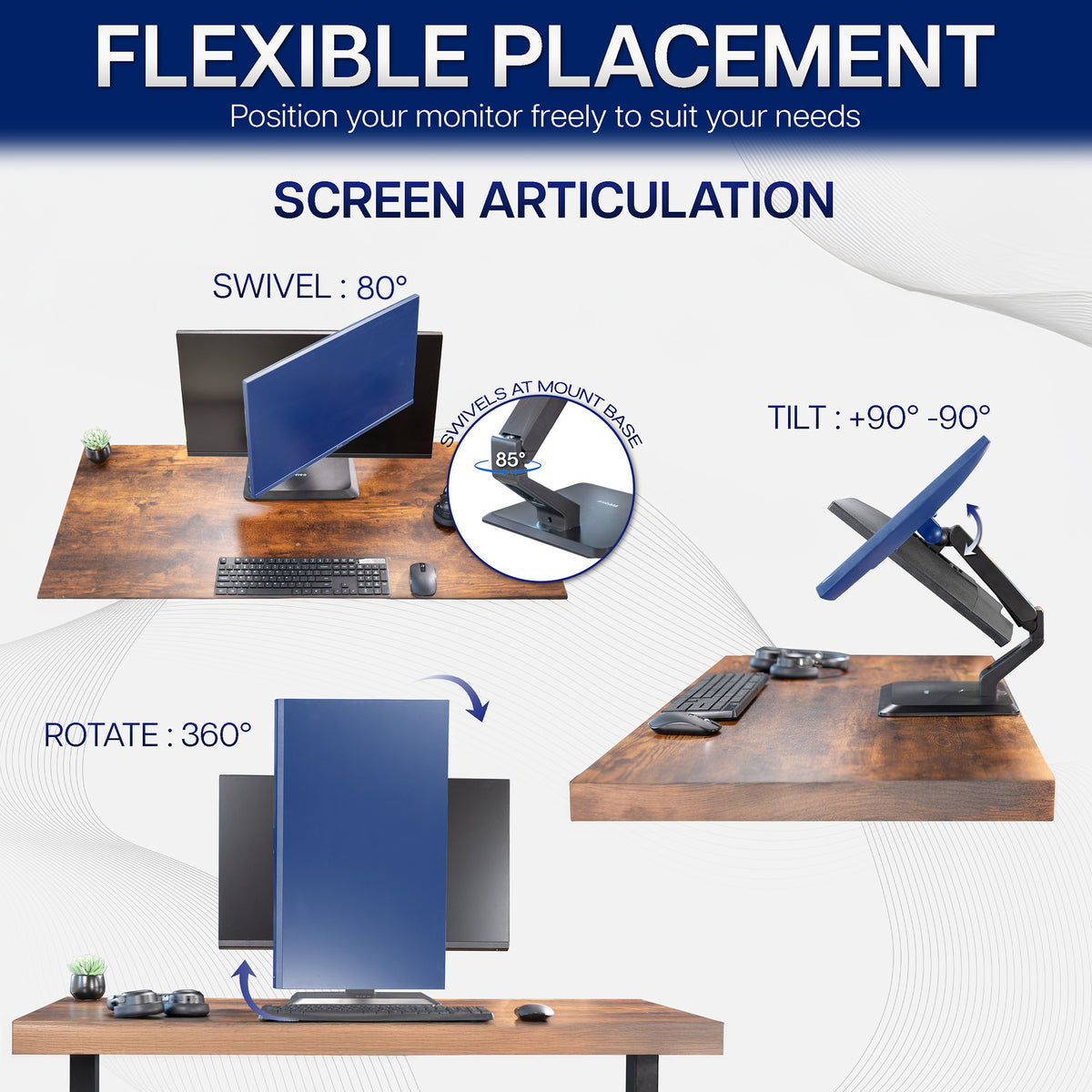 Pneumatic Arm Monitor Desk Stand - 17" to 32" Screens with screen articulation images displaying swivel, tilt, and rotation