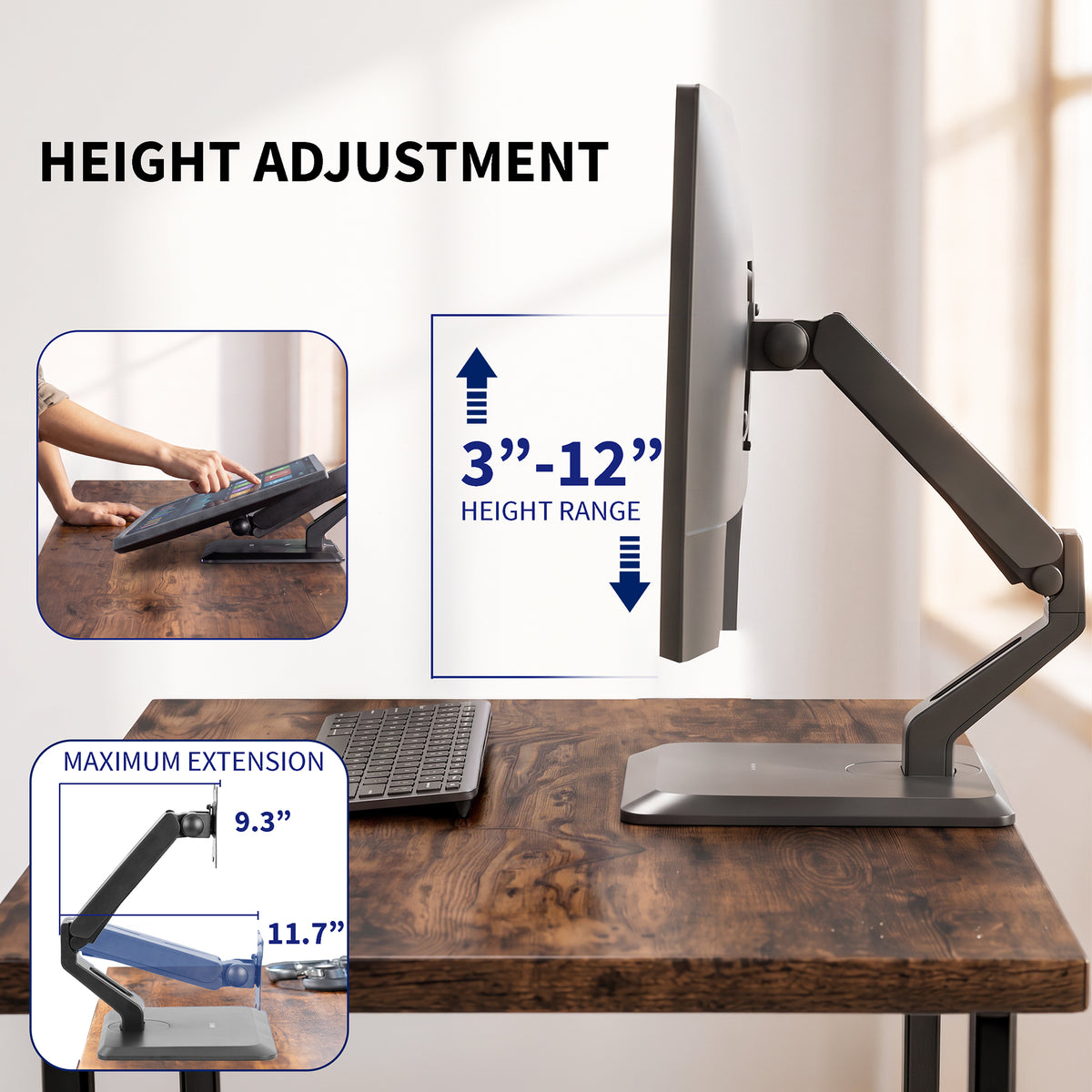 Height adjustment of a pneumatic monitor arm shown on a wooden desktop