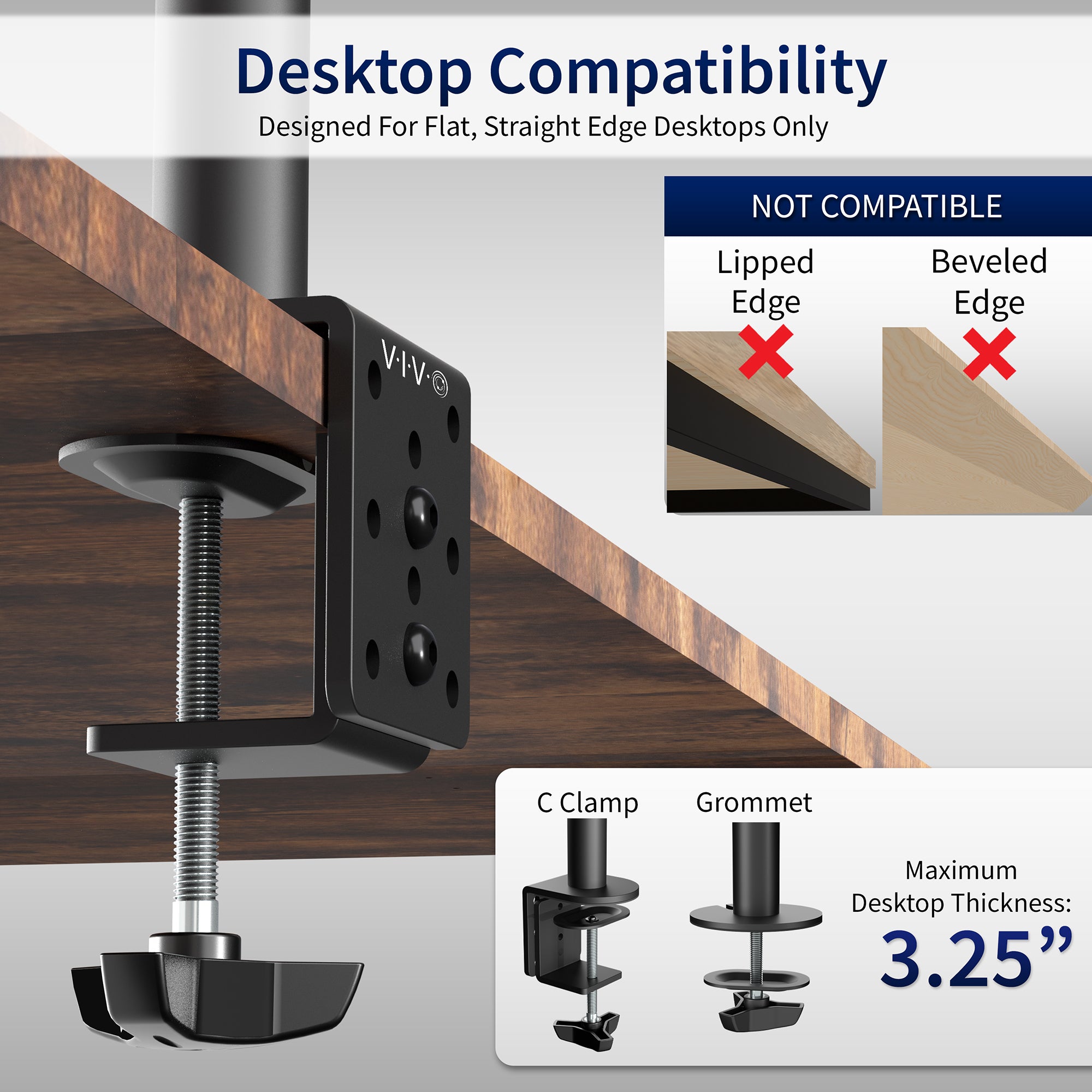 Monitor stand installation guide with grommet and clamp-on options on a desk.