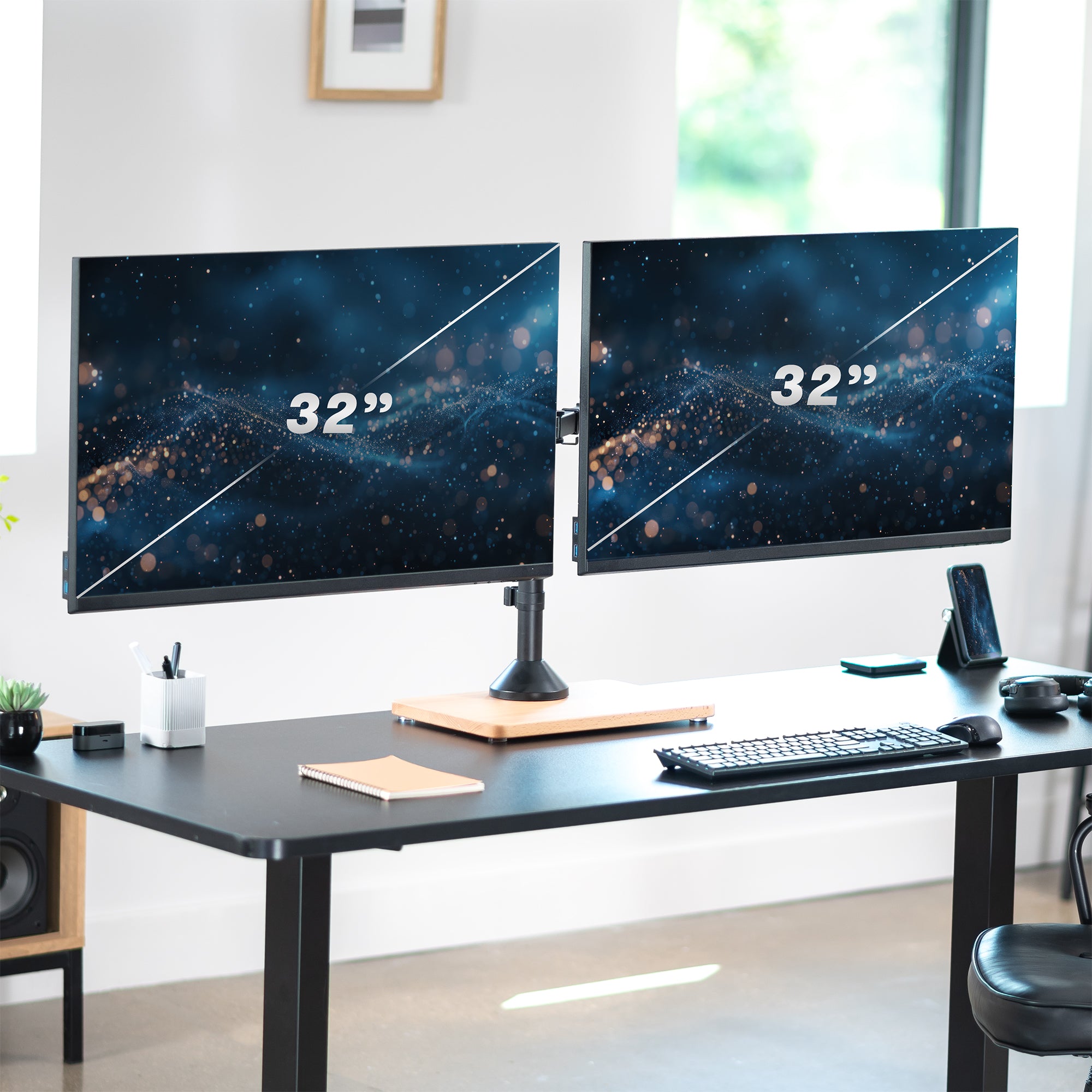 Dual monitor mount desk stand with wooden base. Featuring height adjustment, tilt, swivel, rotation, and built-in cable management.