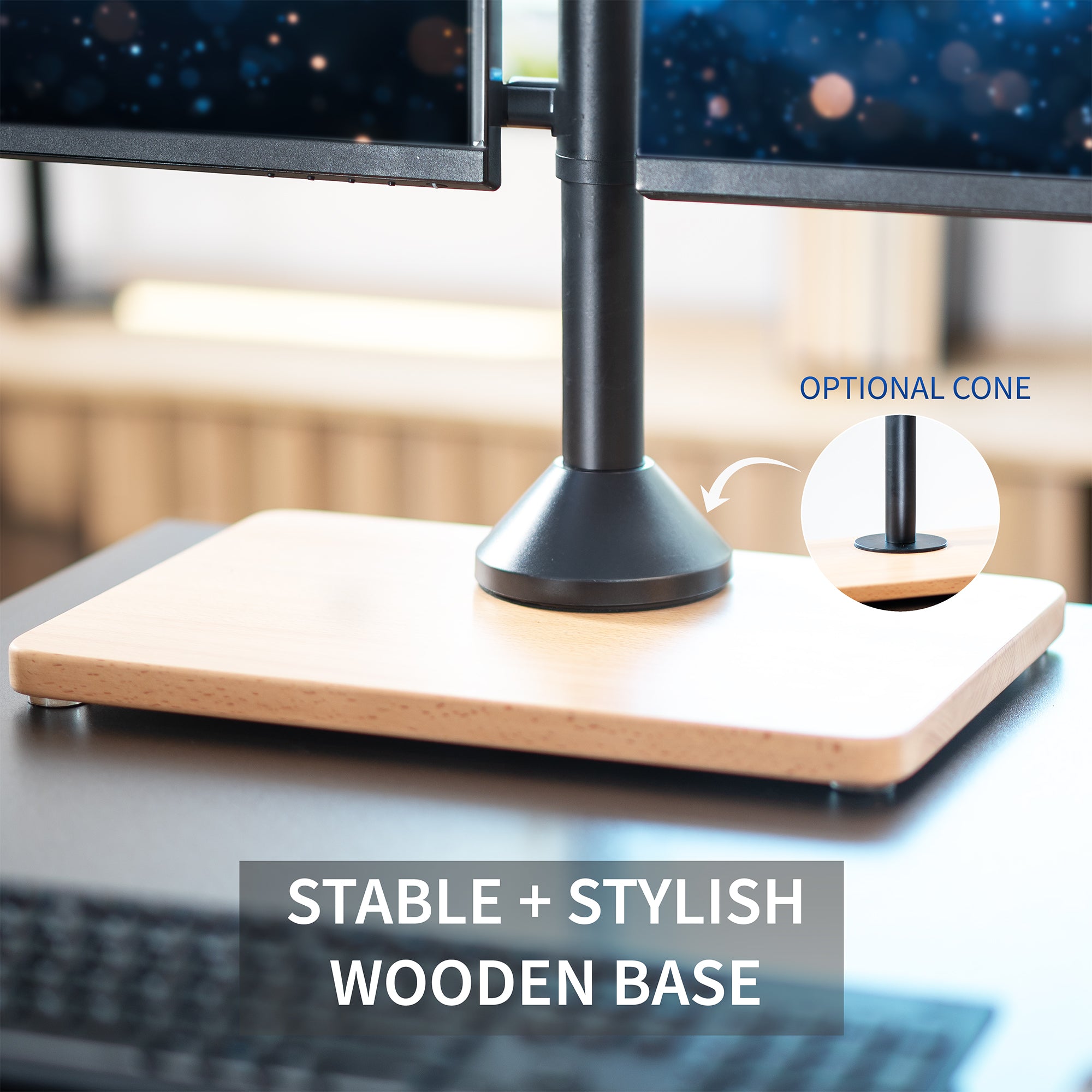 Dual monitor mount desk stand with wooden base. Featuring height adjustment, tilt, swivel, rotation, and built-in cable management.