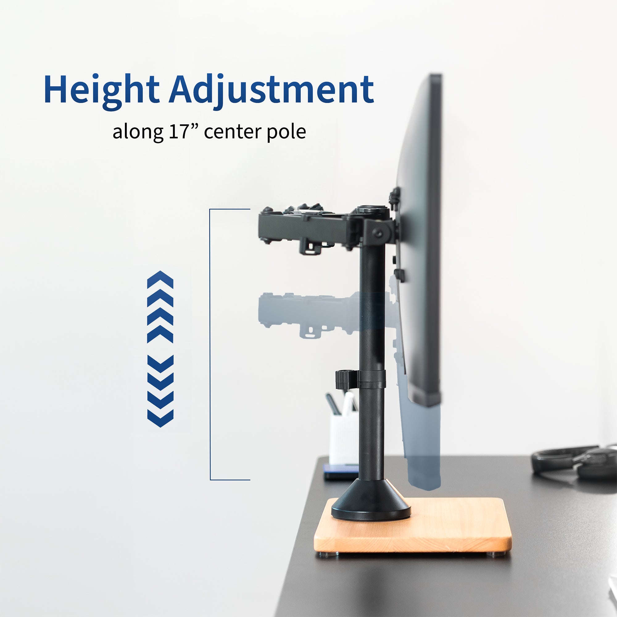 Dual monitor mount desk stand with wooden base. Featuring height adjustment, tilt, swivel, rotation, and built-in cable management.