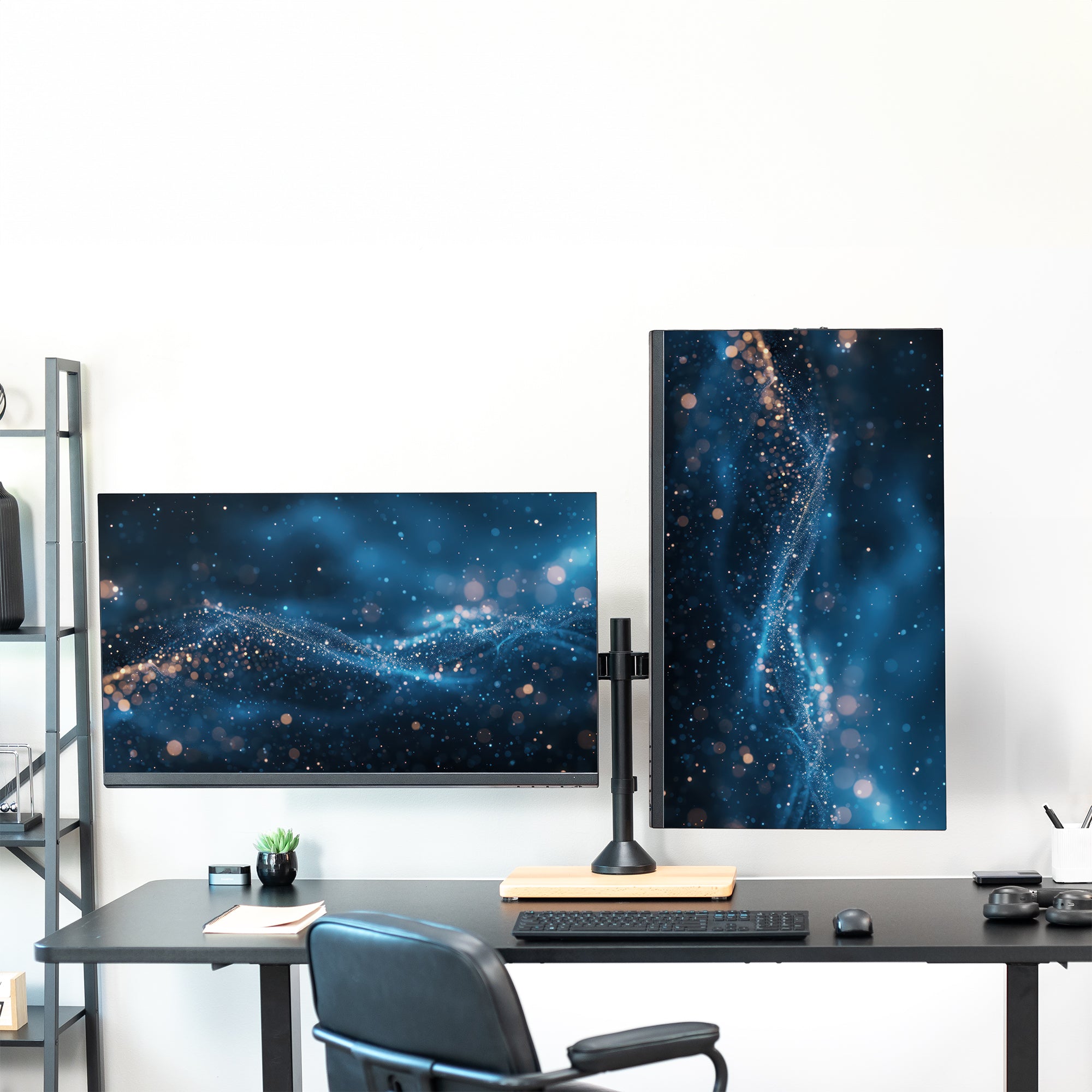 Dual monitor mount desk stand with wooden base. Featuring height adjustment, tilt, swivel, rotation, and built-in cable management.