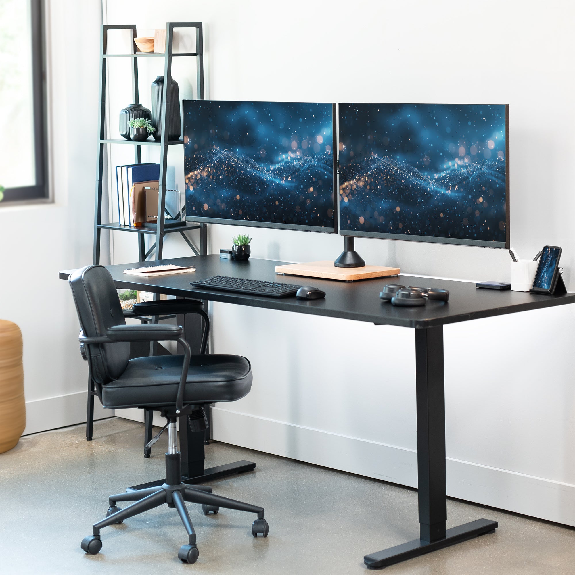 Dual monitor mount desk stand with wooden base. Featuring height adjustment, tilt, swivel, rotation, and built-in cable management.
