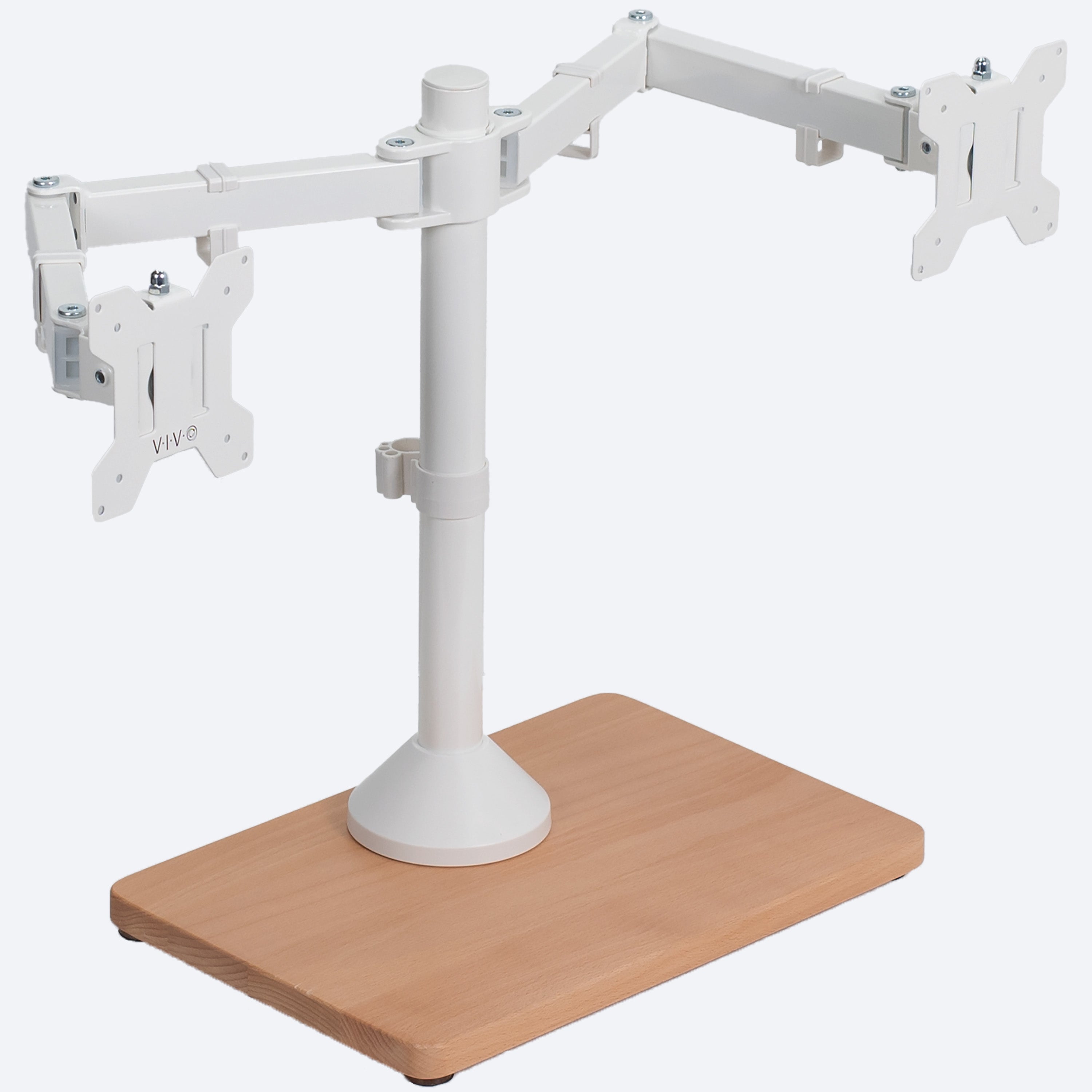 Dual monitor mount desk stand with wooden base. Featuring height adjustment, tilt, swivel, rotation, and built-in cable management.