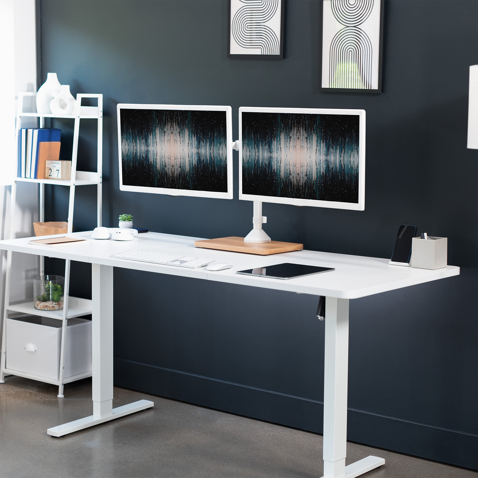 Dual monitor mount desk stand with wooden base. Featuring height adjustment, tilt, swivel, rotation, and built-in cable management.