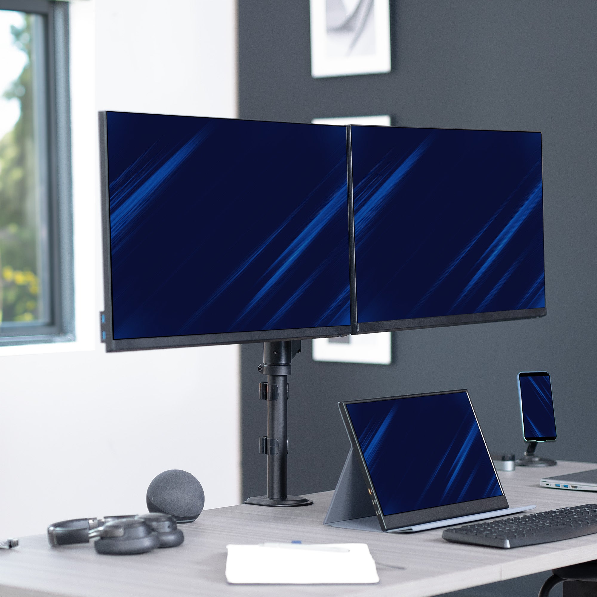 Sturdy adjustable mechanic arm dual monitor ergonomic desk stand for office workstation.