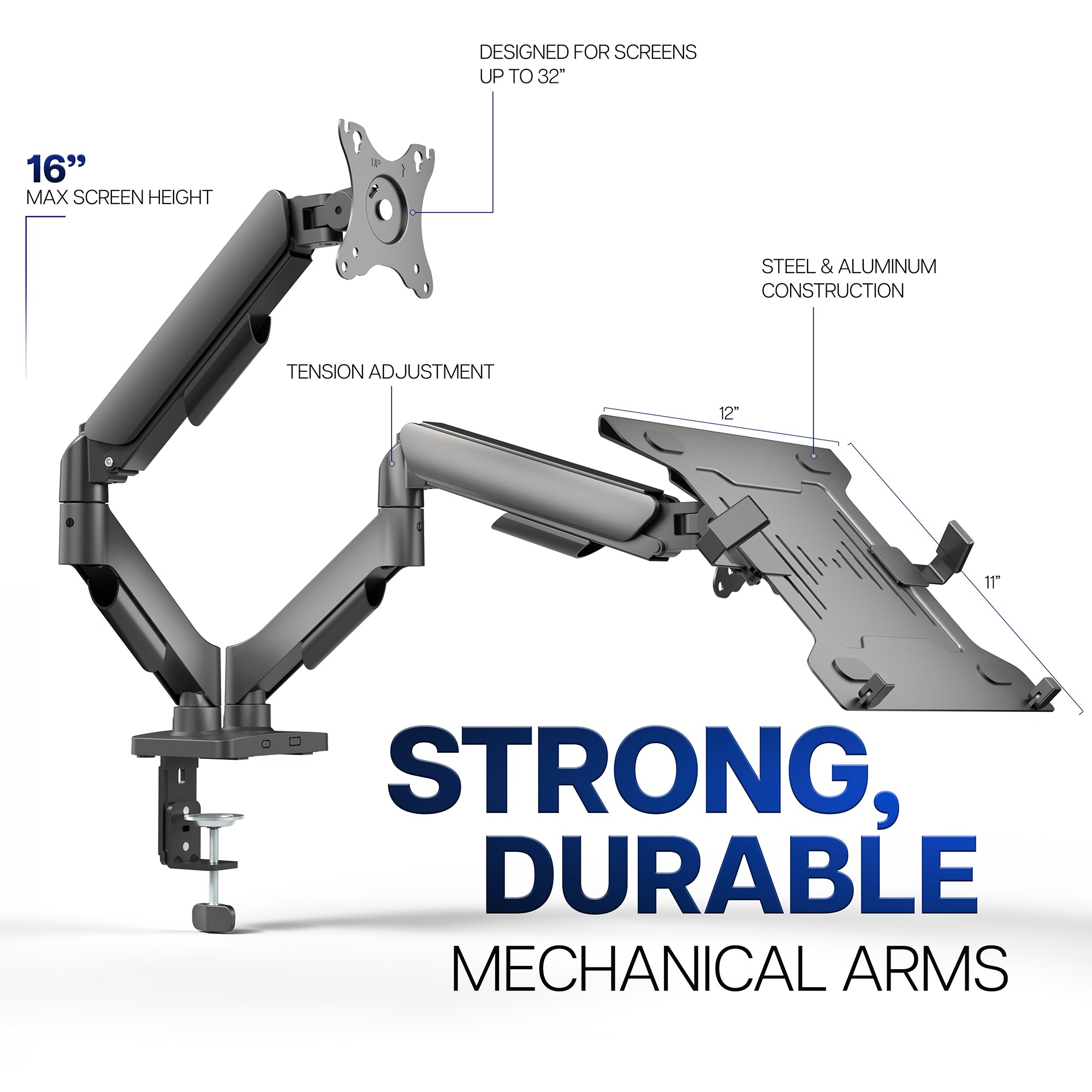 Mechanical Arm Single Monitor and Laptop Desk Mount - Up to 32" Screens, 15.6" Laptops
