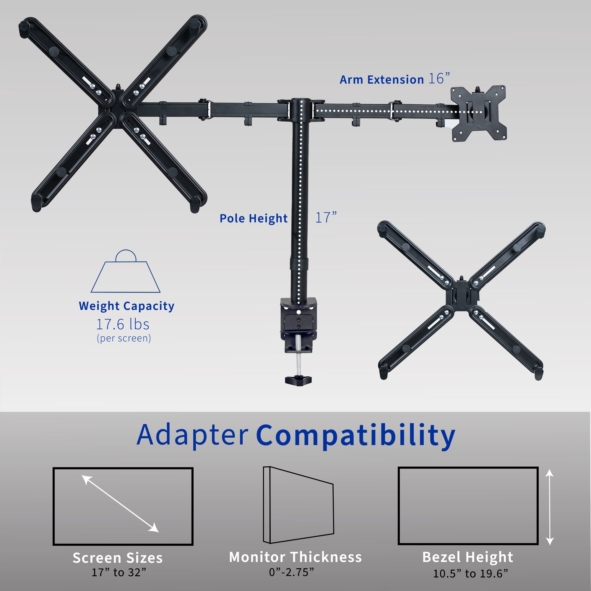 Measurements and Specifications for Dual Monitor Desk Mount with VESA Adapter Bracket