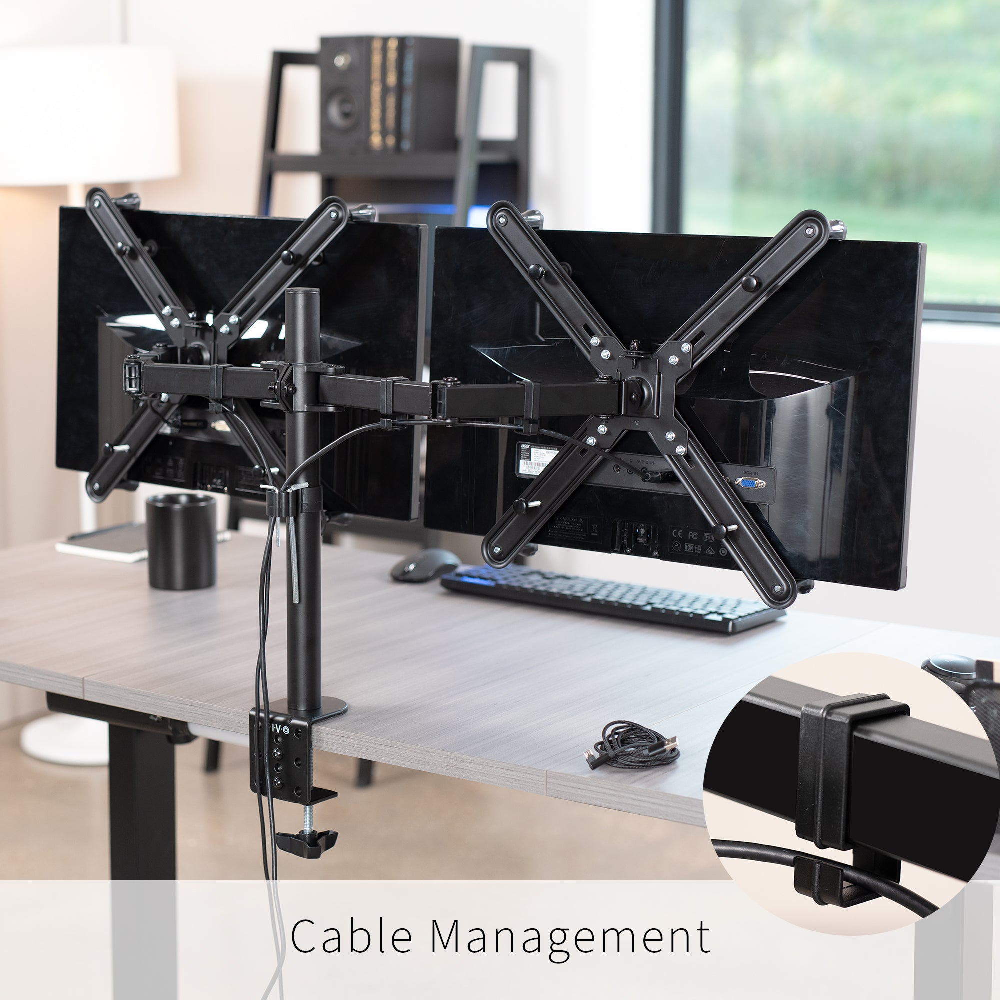 Cable management provided to maintain a clean and organized workspace.