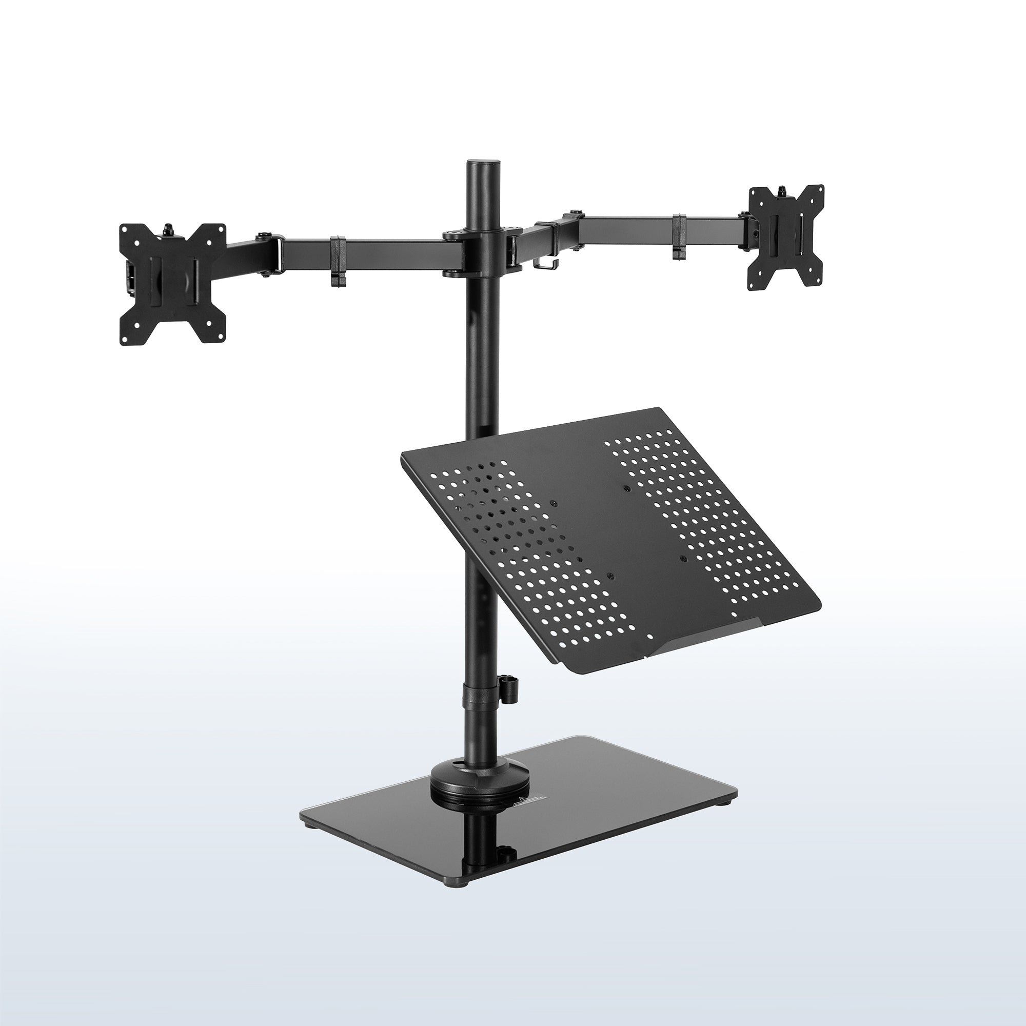 Freestanding dual monitor and laptop stand with elegant glass base for optimal viewing and ergonomic placement.