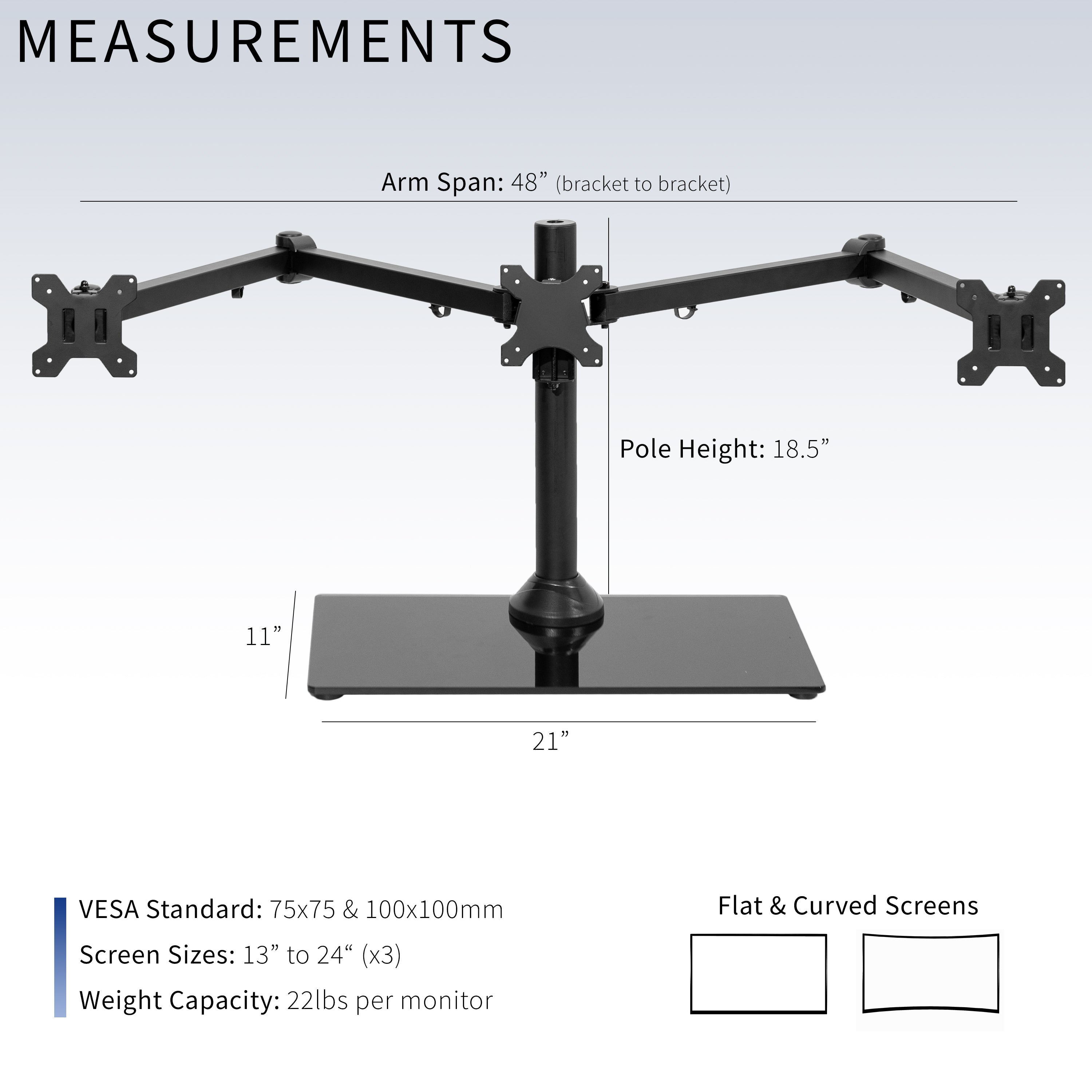 Measurements and specifications for Triple Monitor Desk Stand