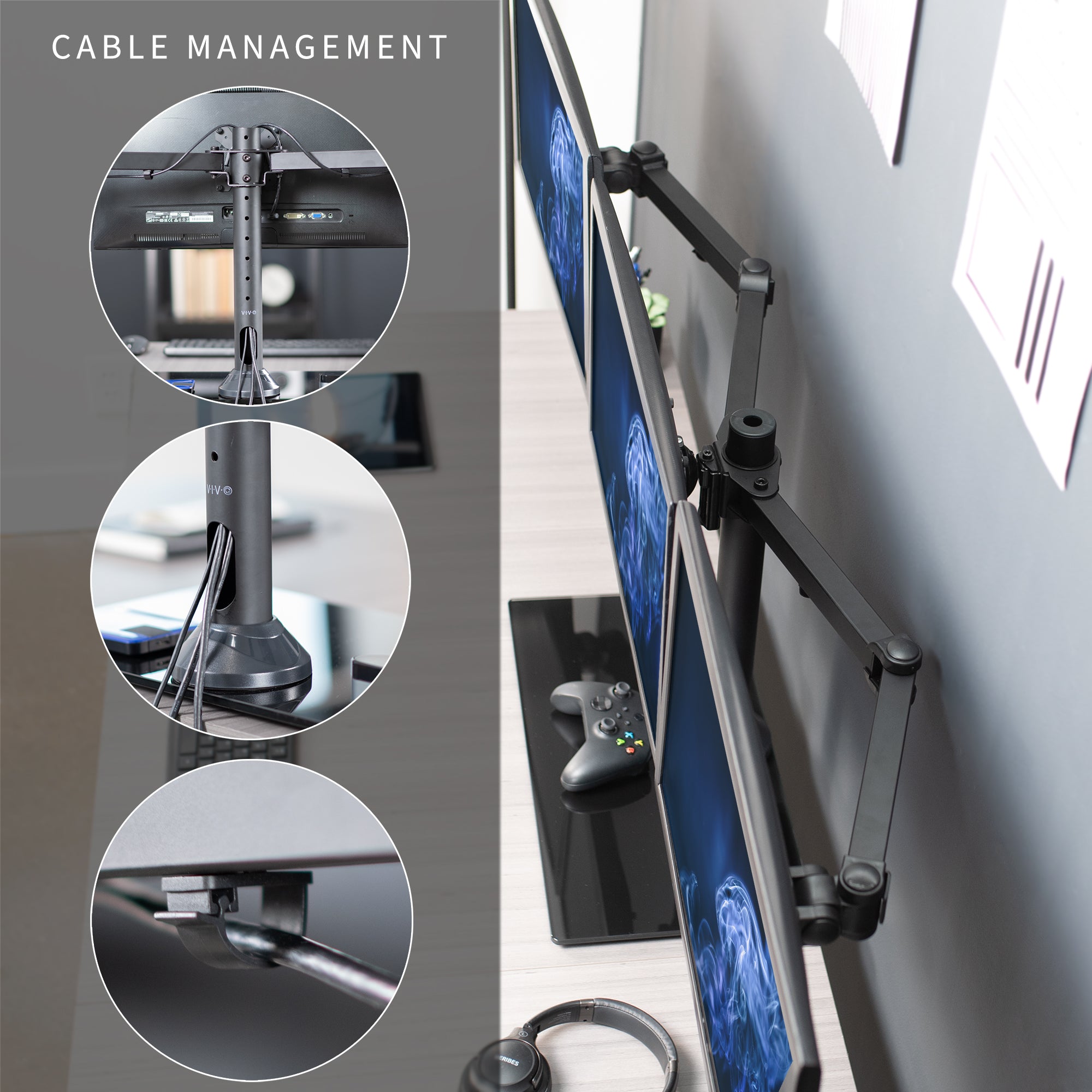 Cable management provided to maintain a clean and organized workspace.