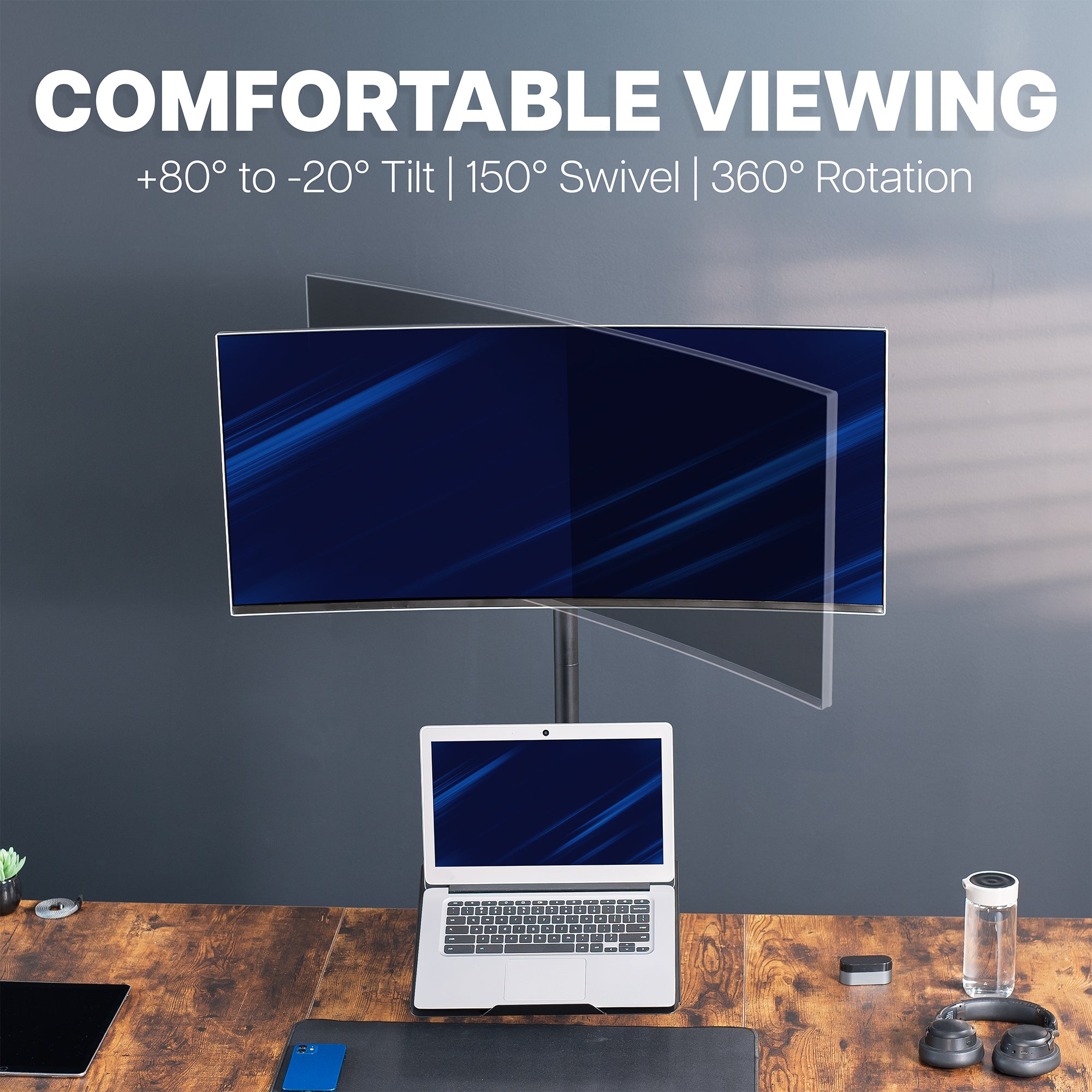 Single Ultrawide Monitor and Laptop Extra Tall Desk Mount with Universal VESA Compatibility
