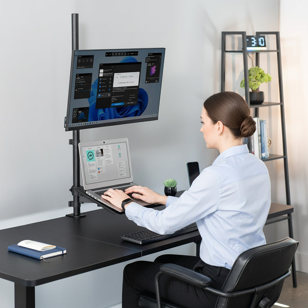 Model sitting at desk with extra tall single monitor mount and laptop tray.