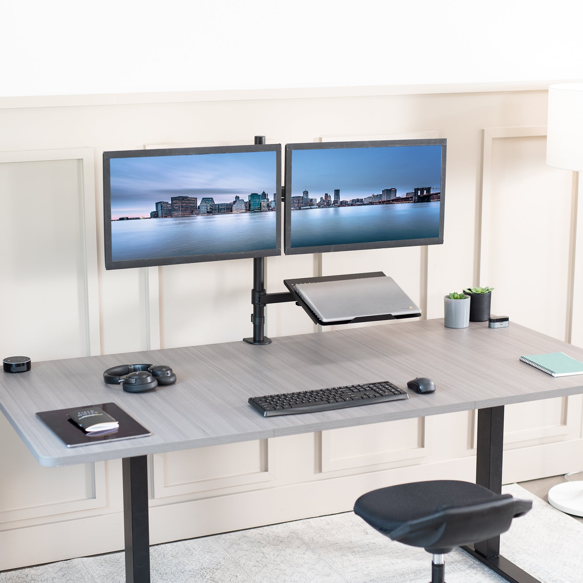 Dual Monitor Desk Mount and Laptop Holder with Universal VESA Compatibility