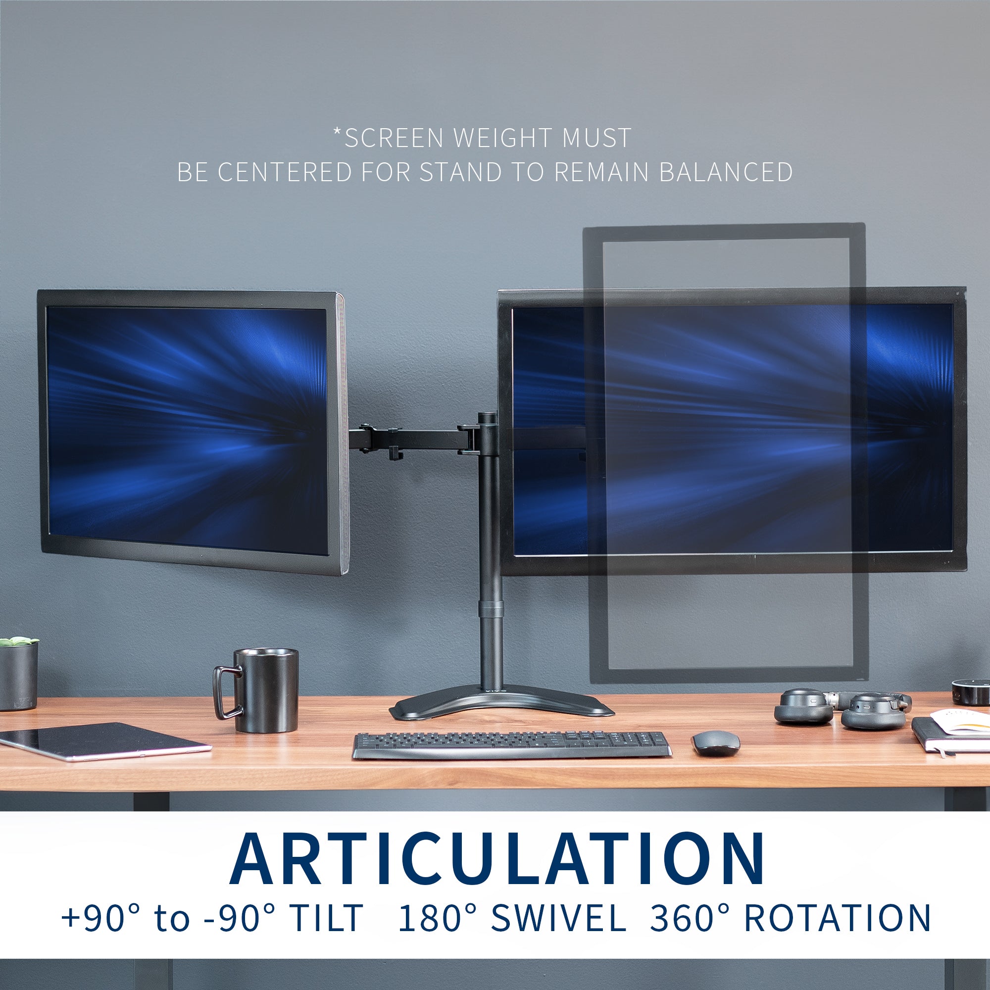 Enjoy ergonomic viewing angles with our freestanding dual monitor stand.