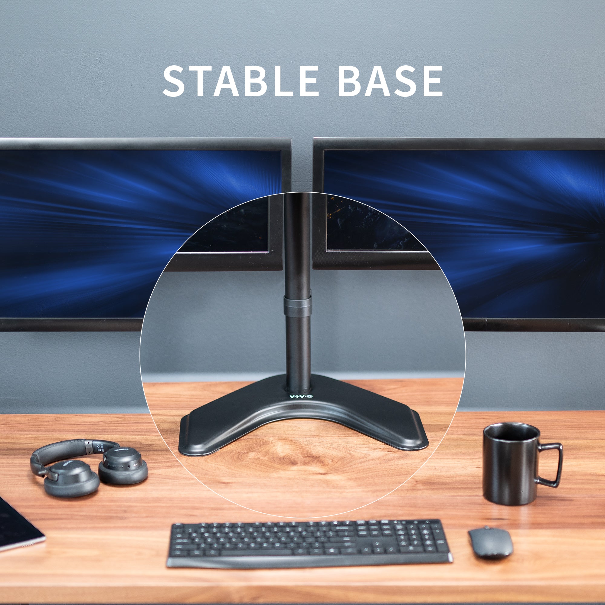 Enjoy ergonomic viewing angles with our freestanding dual monitor stand.