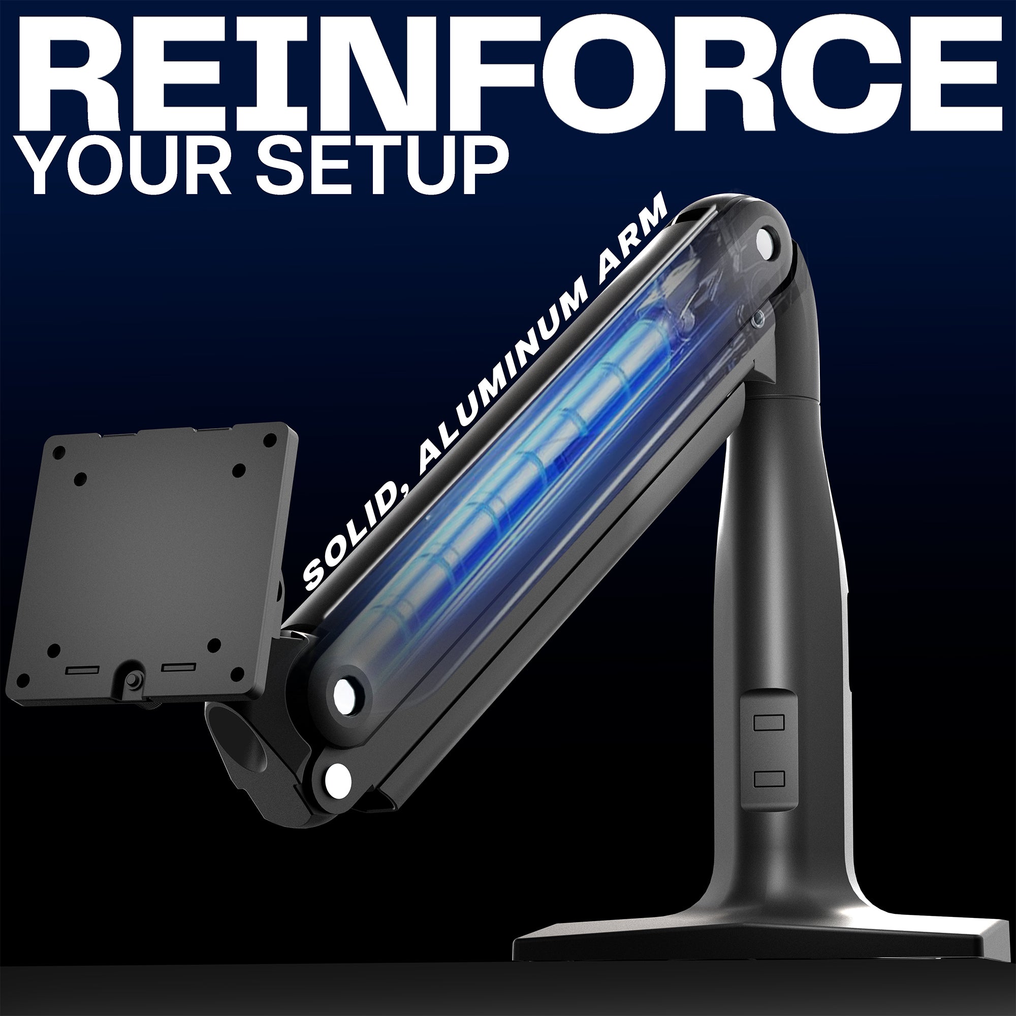 Black adjustable arm stand with blue light on a dark background, featuring text 'REINFORCE YOUR SETUP' and 'SOLID ALUMINUM ARM'.
