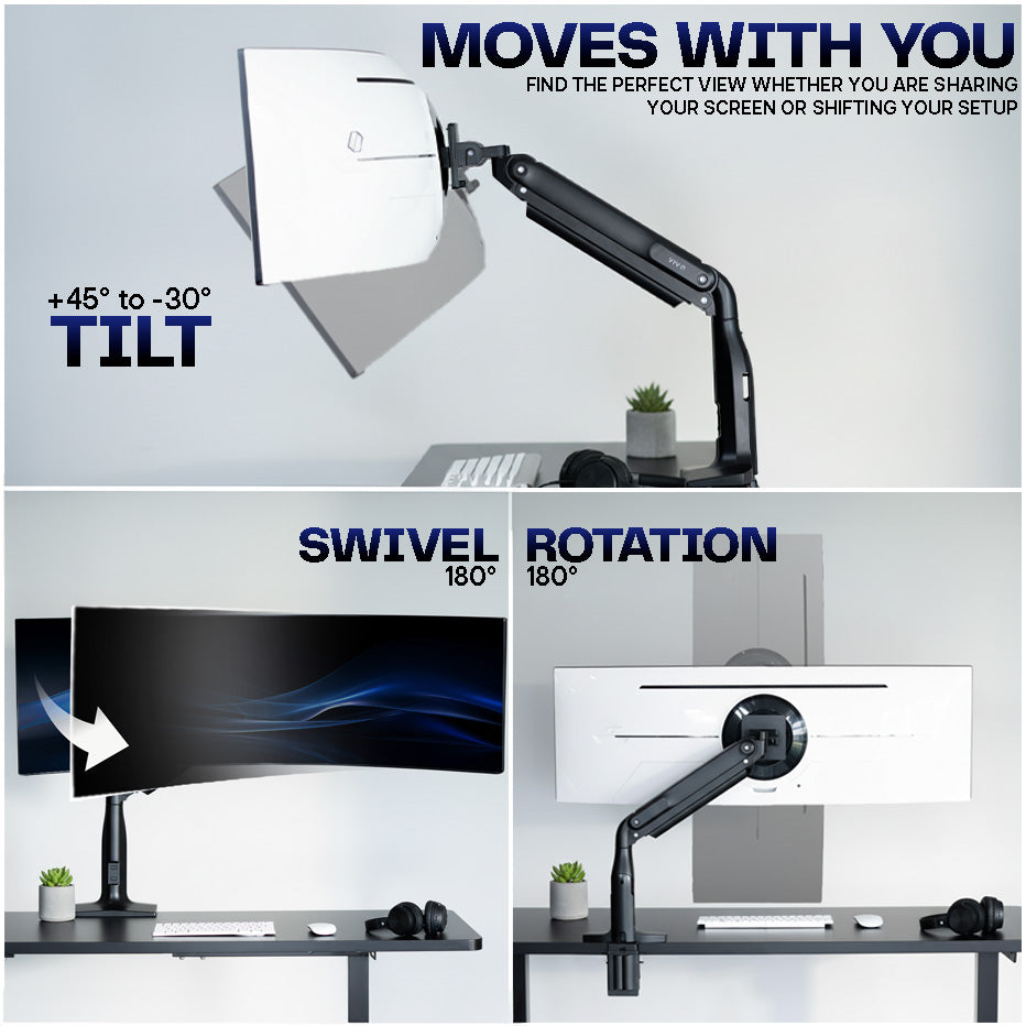 Monitor arm with quick VESA install feature on a desk setup.