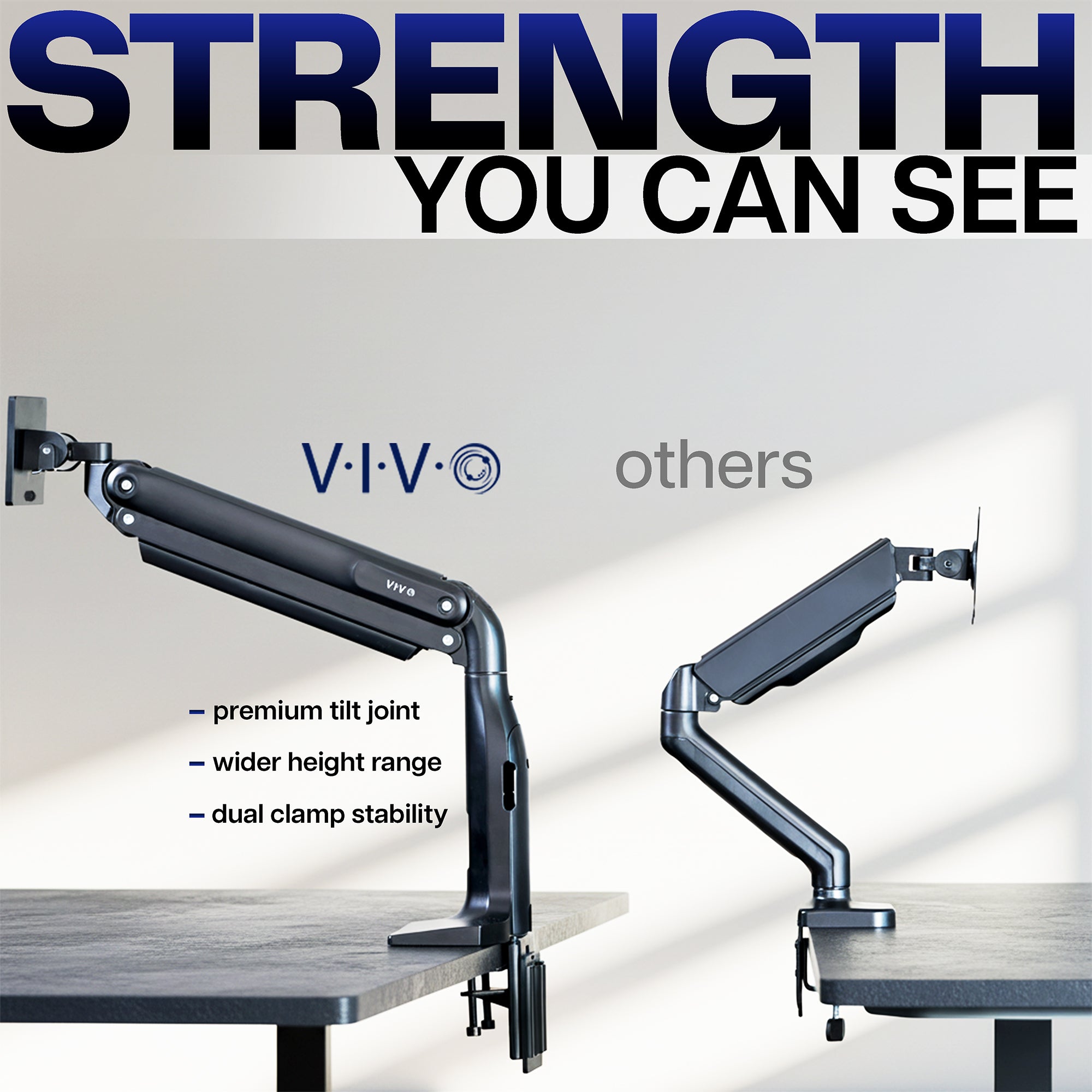 VIVO monitor arm with text highlighting features on a white background