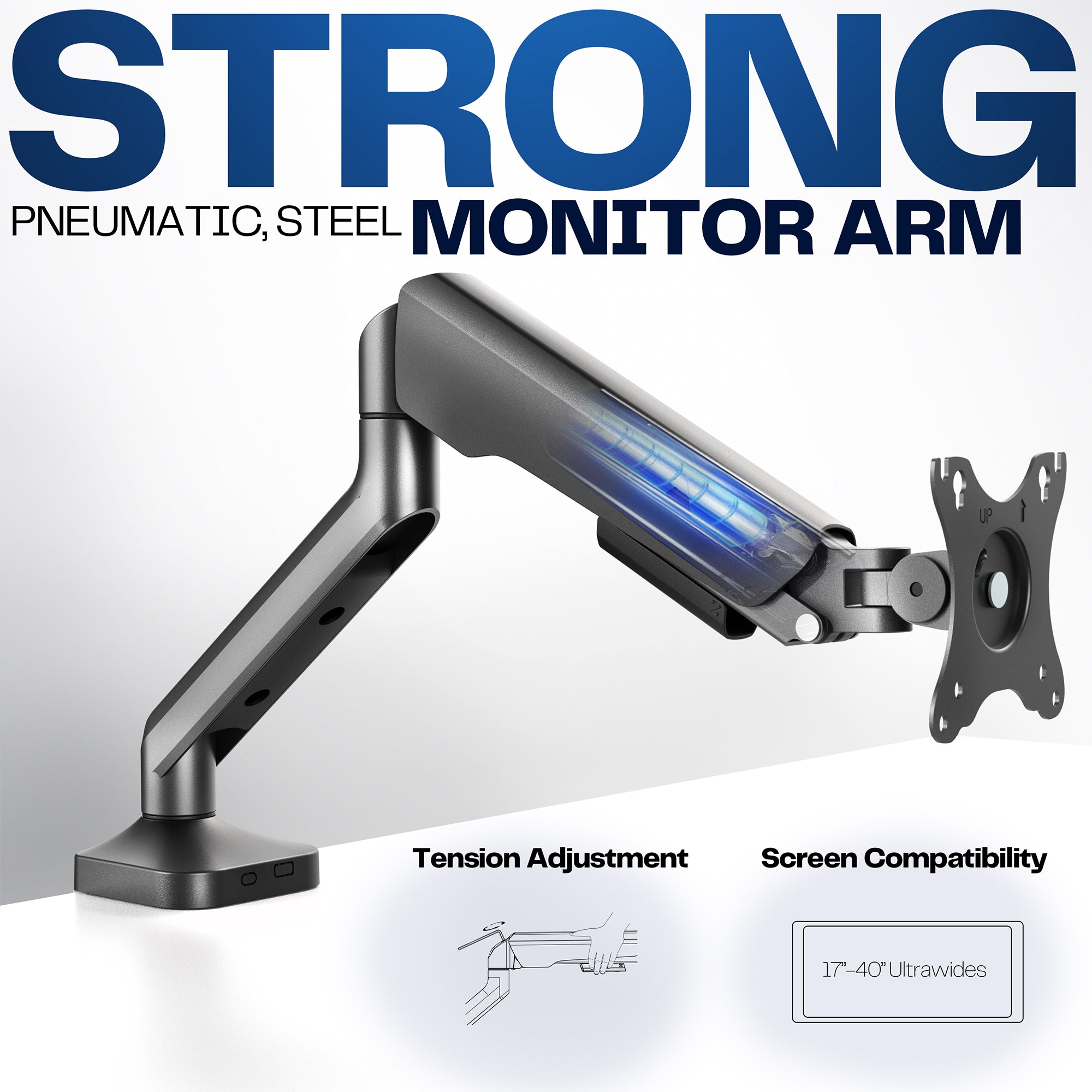 Pneumatic monitor arm with text highlighting features on a white background
