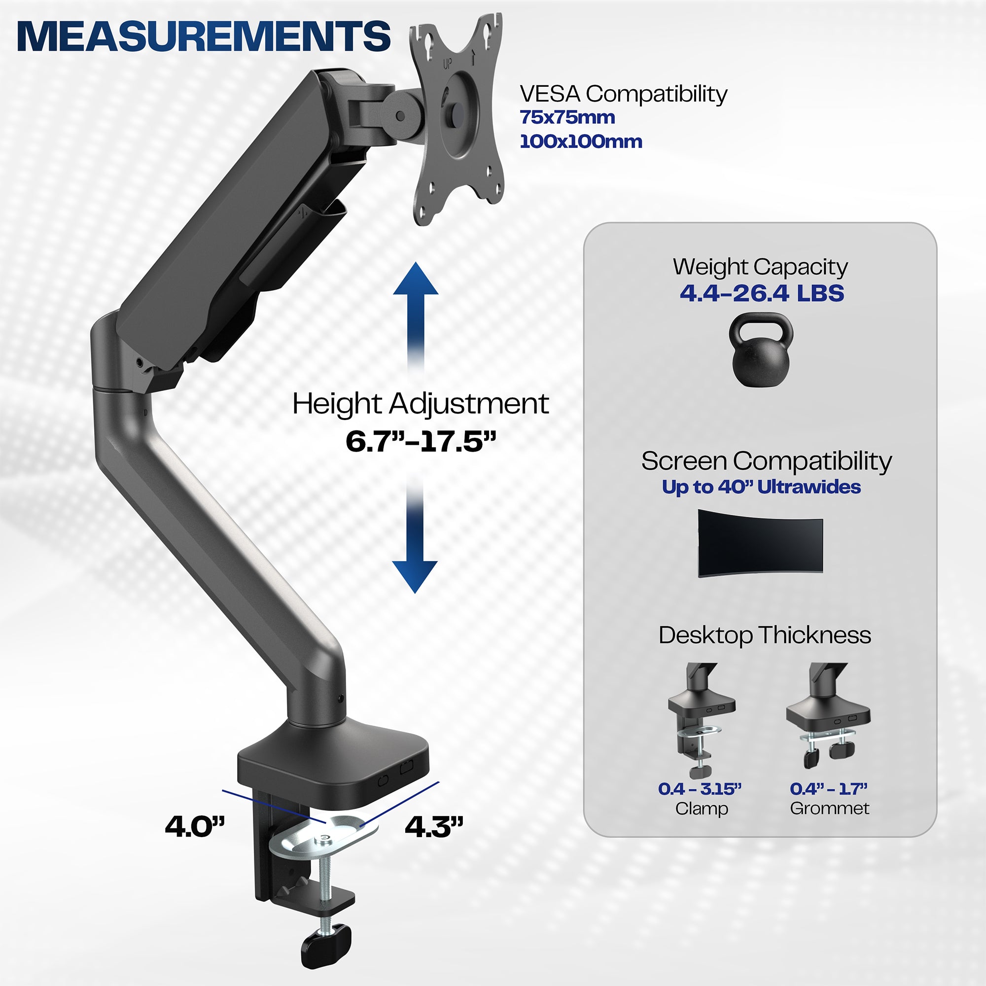 Monitor stand with measurement details on a white background