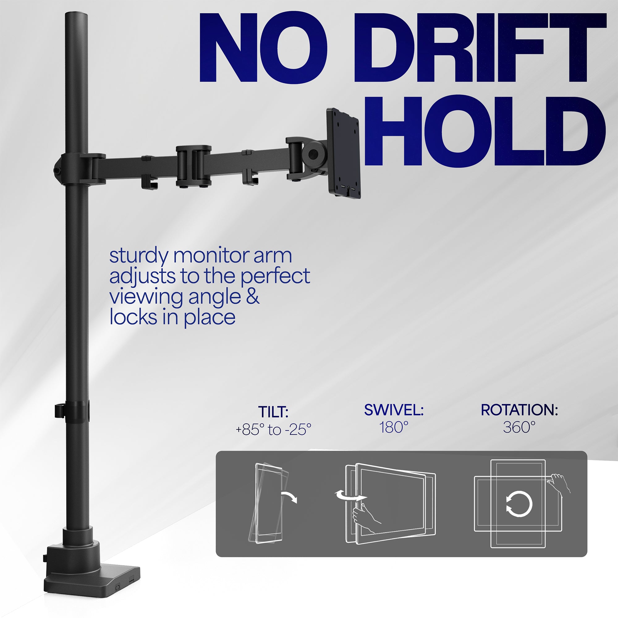 Extra tall single monitor ultrawide desk mount with extending arm: Features height adjustment, tilt, swivel, rotation, and built-in cable management.