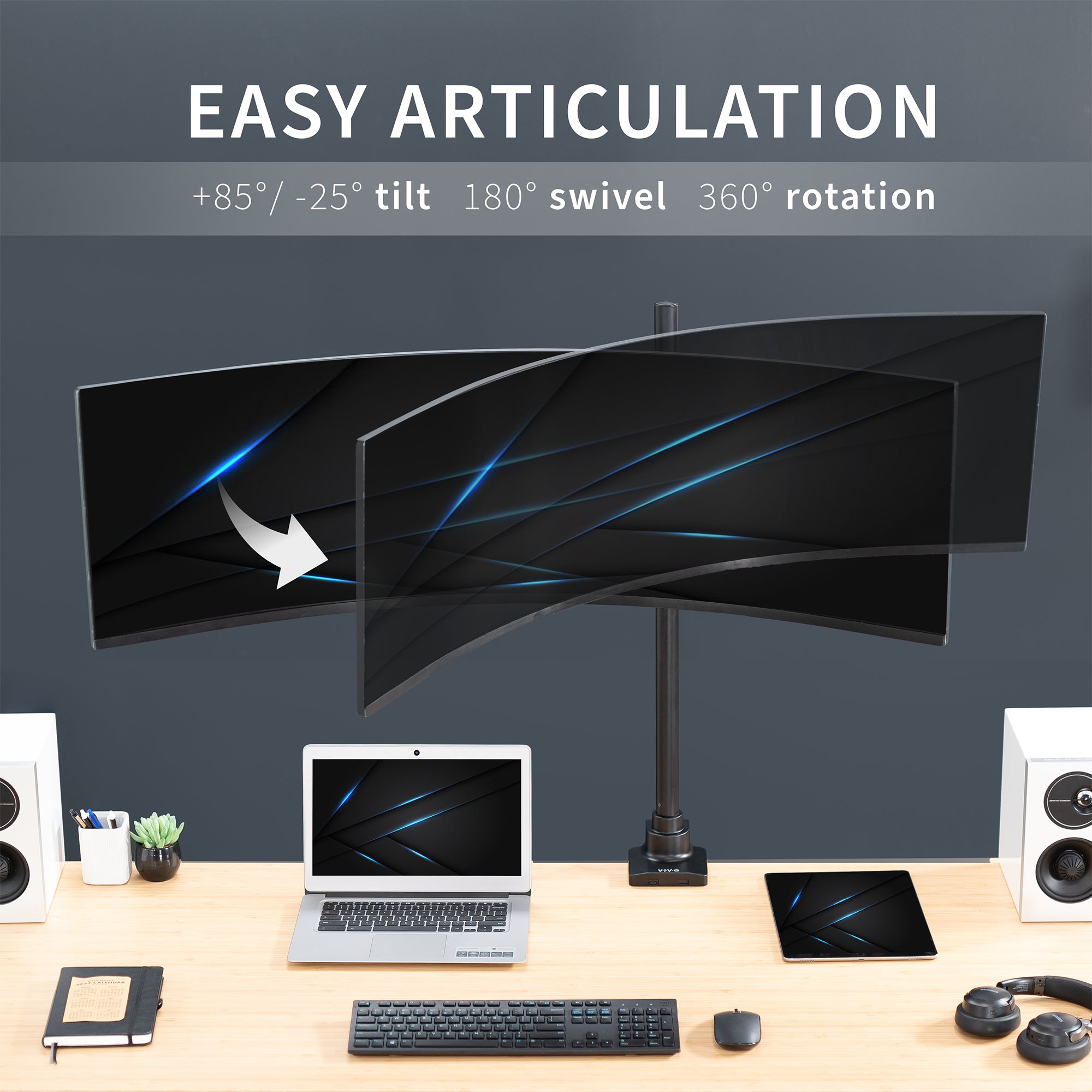 Extra tall single monitor ultrawide desk mount with extending arm: Features height adjustment, tilt, swivel, rotation, and built-in cable management.