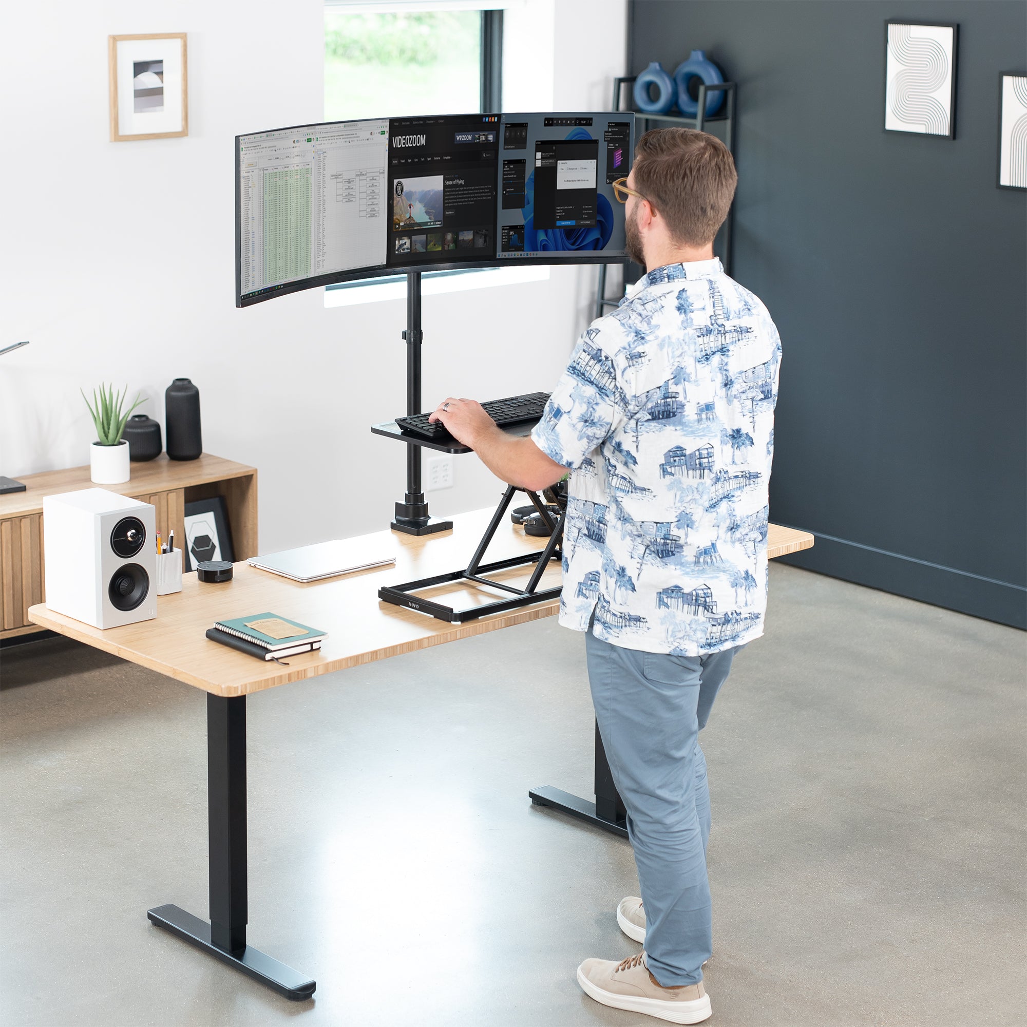 Extra tall single monitor ultrawide desk mount with extending arm: Features height adjustment, tilt, swivel, rotation, and built-in cable management.