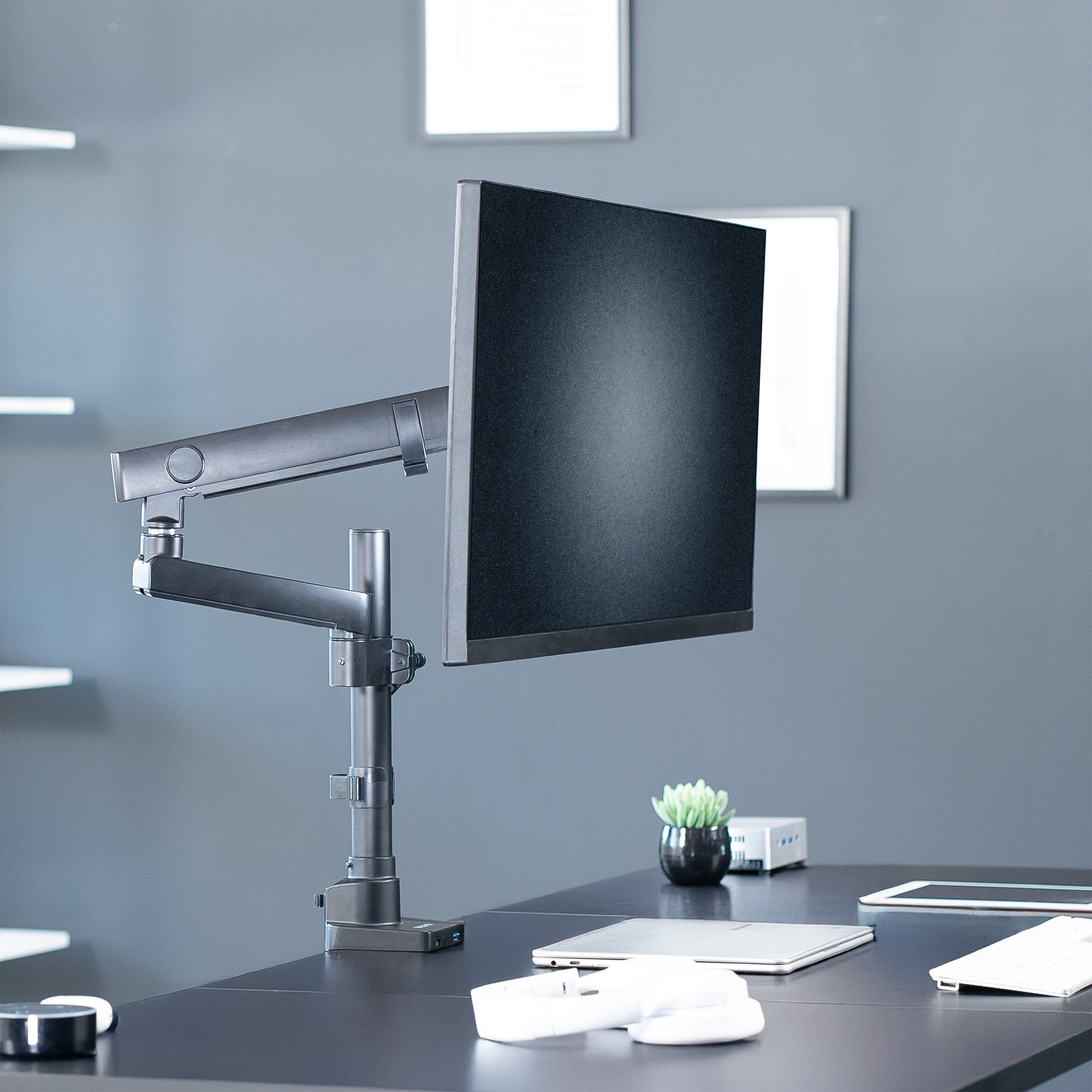 Pneumatic Arm Single Monitor Desk Mount with USB