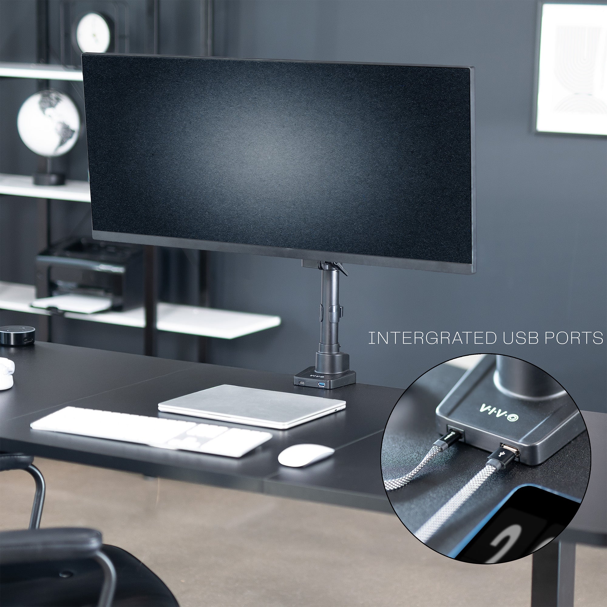 Pneumatic Arm Single Monitor Desk Mount with USB