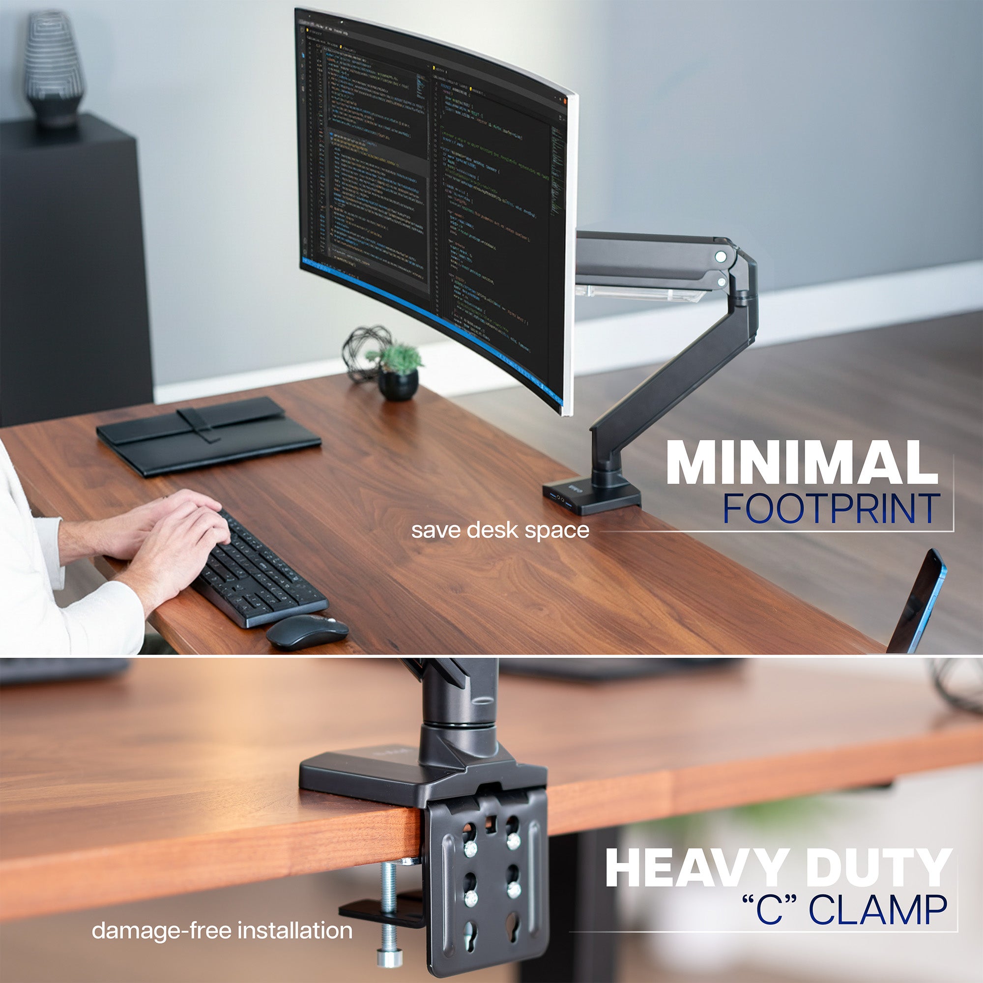 Pneumatic Arm Single Monitor Desk Mount with USB mounted to a desk creating a minimal footprint.