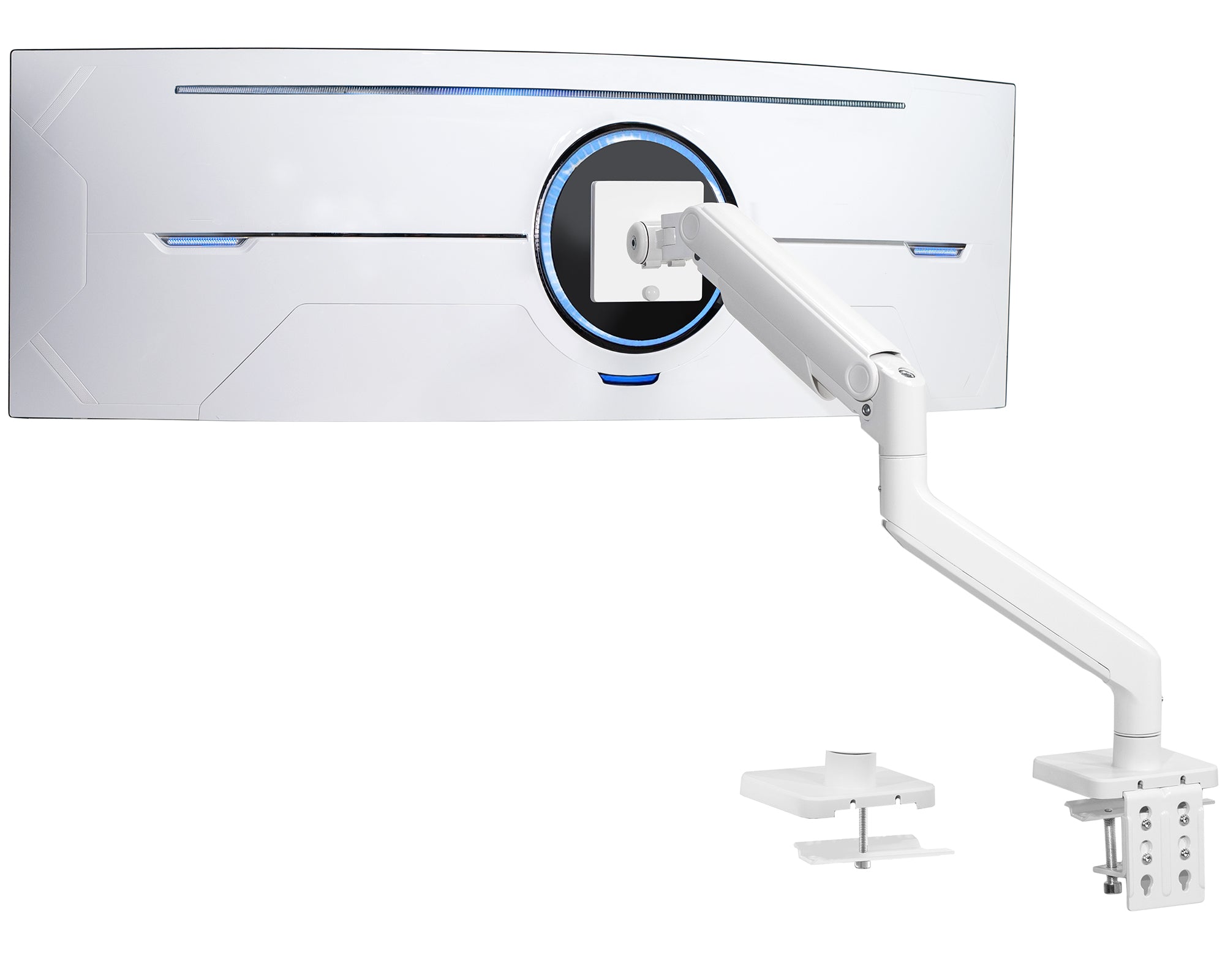 A single ultrawide computer monitor attached to a pneumatic arm desk mount, with the monitor angled towards the camera, against a white background.