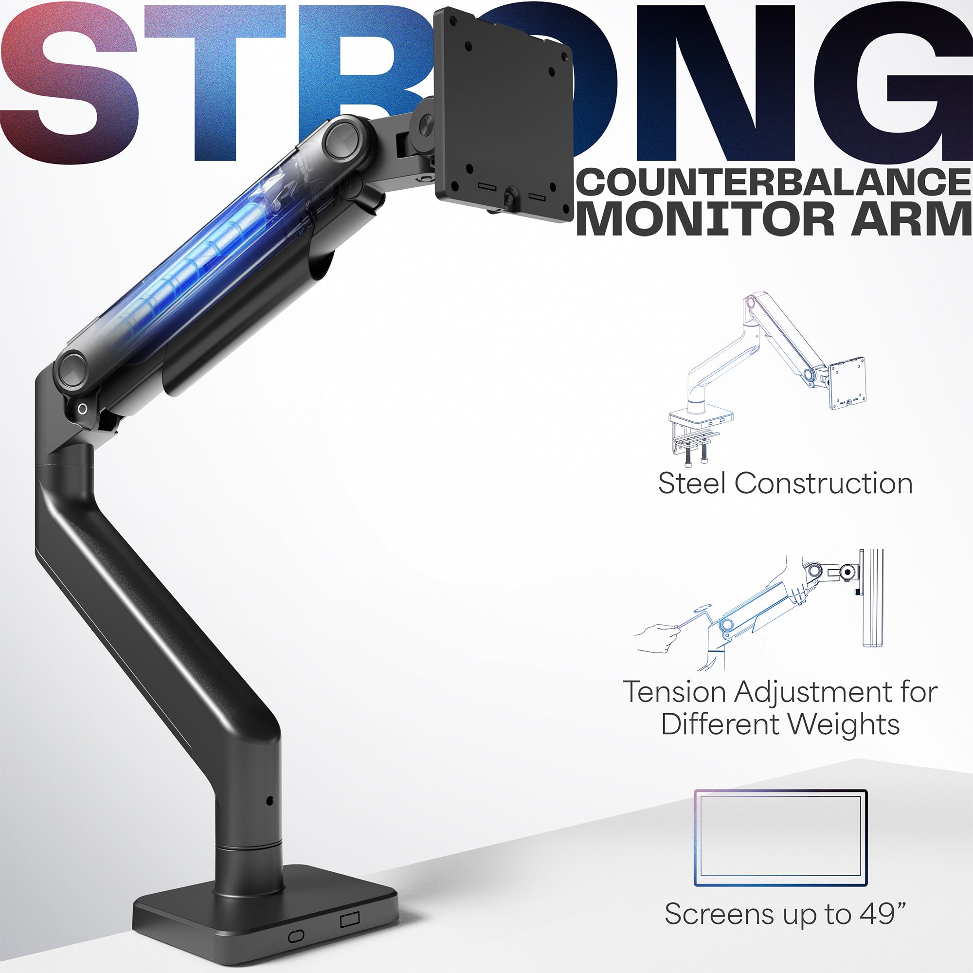 A black pneumatic arm desk mount displaying strong construction.
