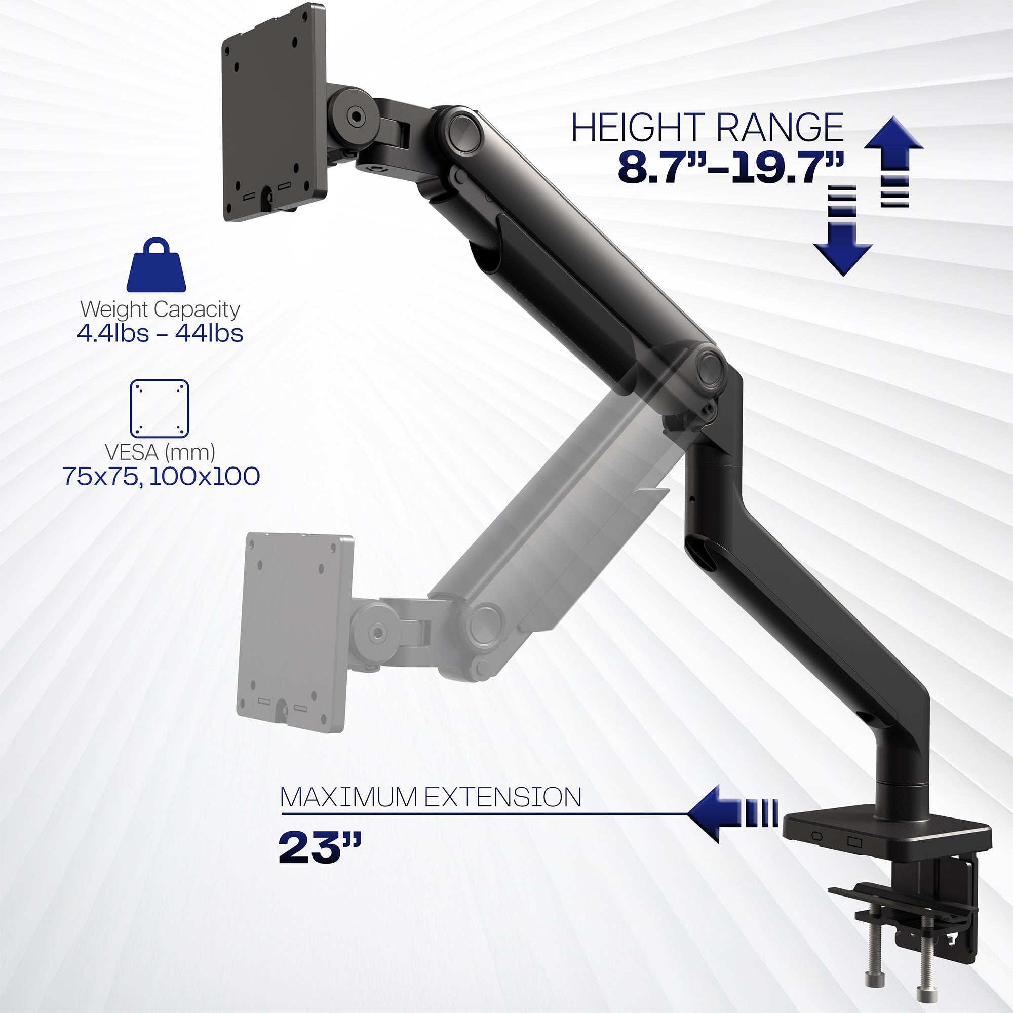 A single ultrawide computer monitor mount measurements and specifications.