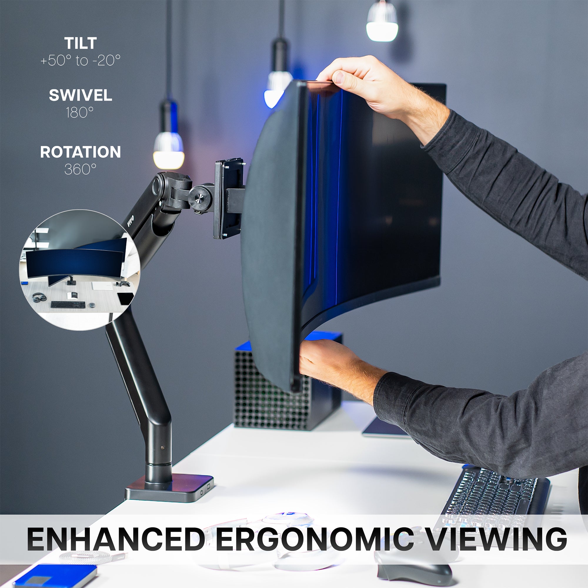 A single ultrawide computer monitor attached to a pneumatic arm desk mount.