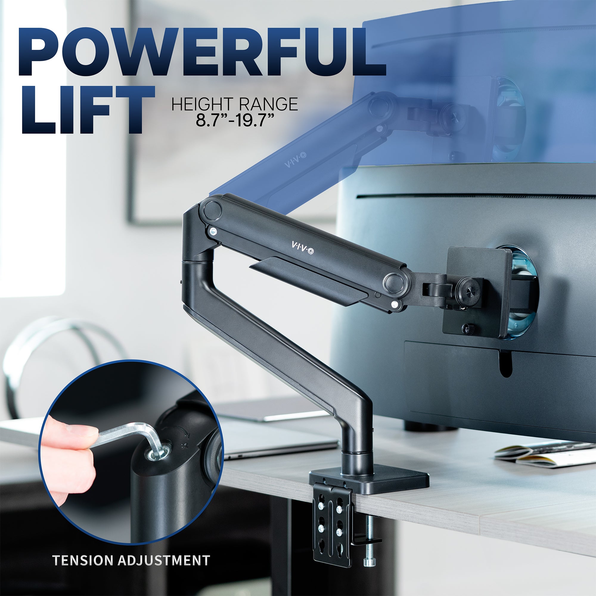 A single ultrawide computer monitor attached to a pneumatic arm desk mount with text on  powerful lifting features.
