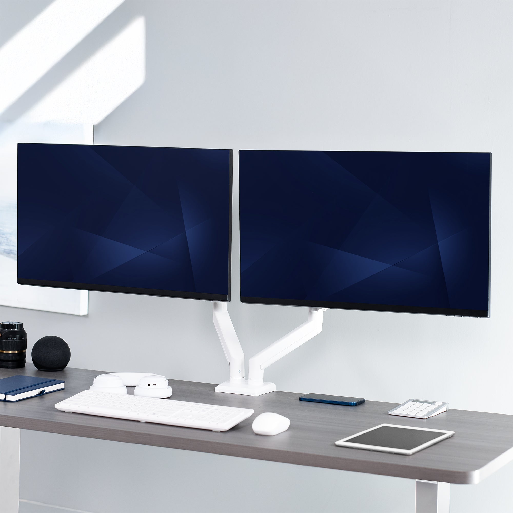 Heavy Duty Pneumatic Arm White Dual Monitor Desk Mount