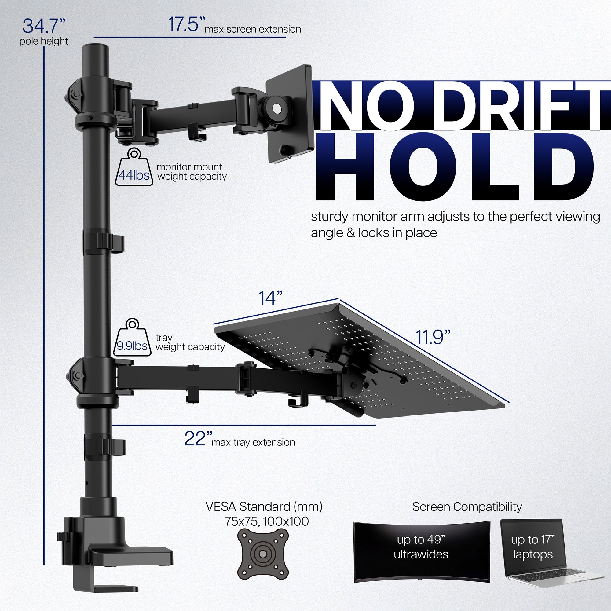Monitor mount with adjustable arm and laptop tray featuring screen extension, measurements, and weight capacity on a white background.