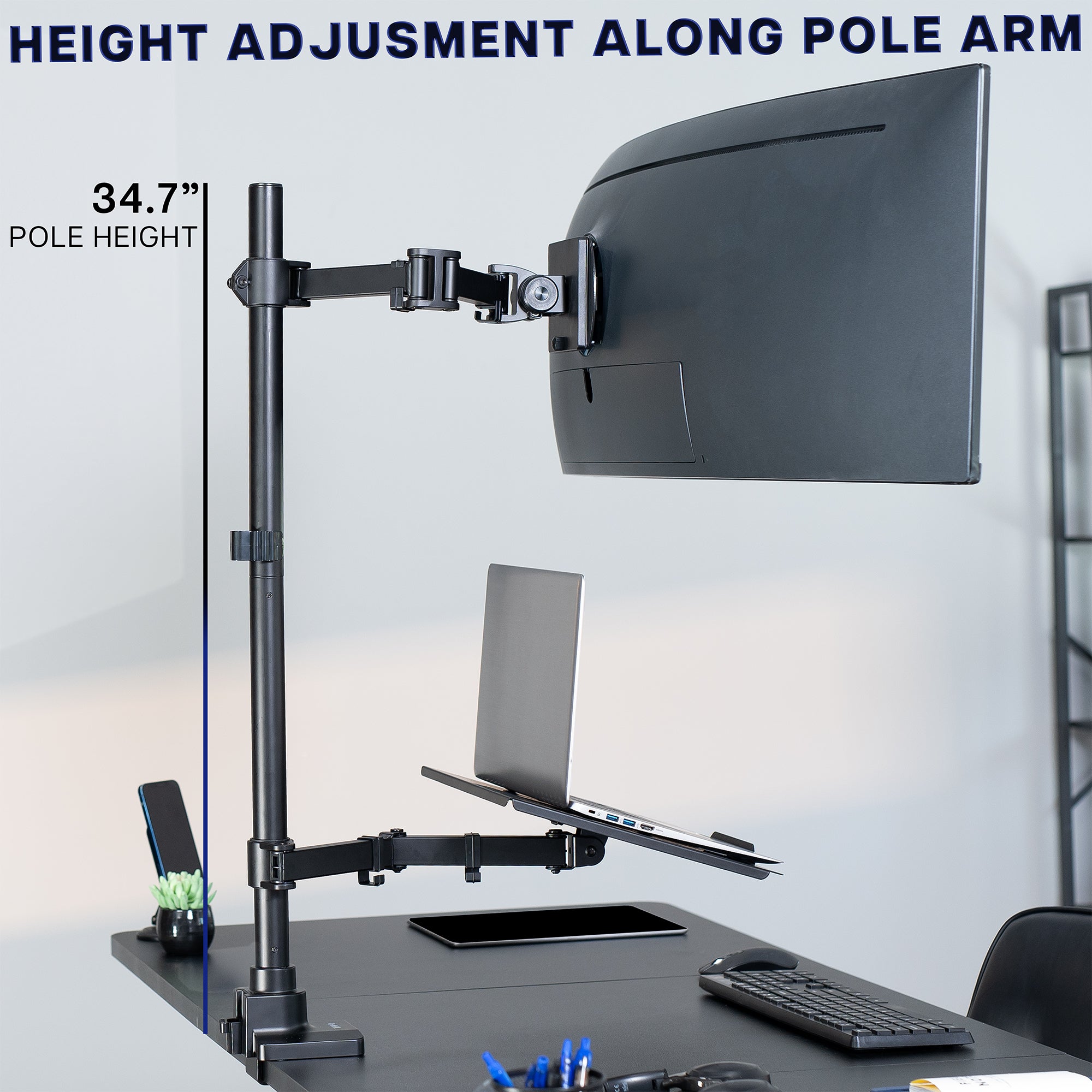 Monitor and laptop stand with height adjustment feature on a desk.