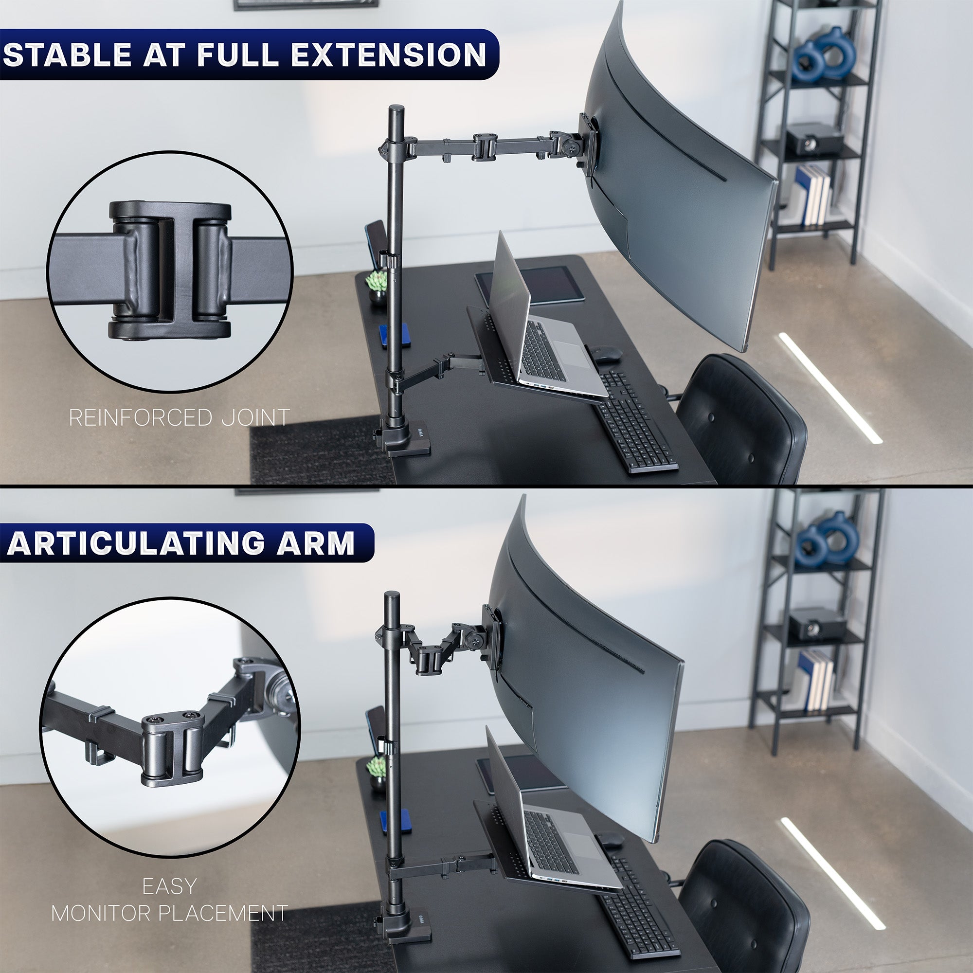 Monitor stand with articulating arm on a desk, highlighting stable extension and easy monitor placement.
