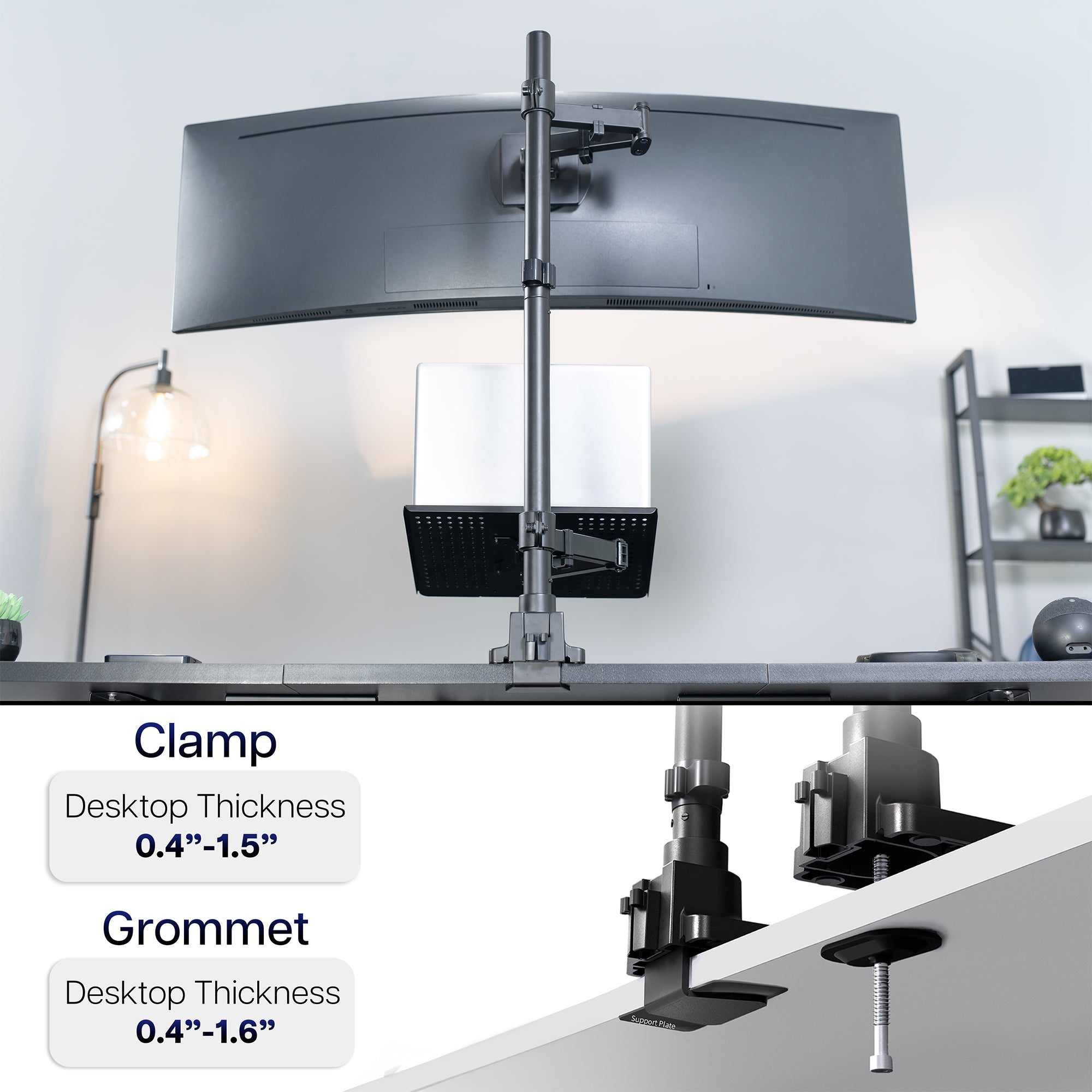 Ultrawide Monitor and Laptop Extra Tall Vertical Desk Mount with clamp and grommet options on a desk