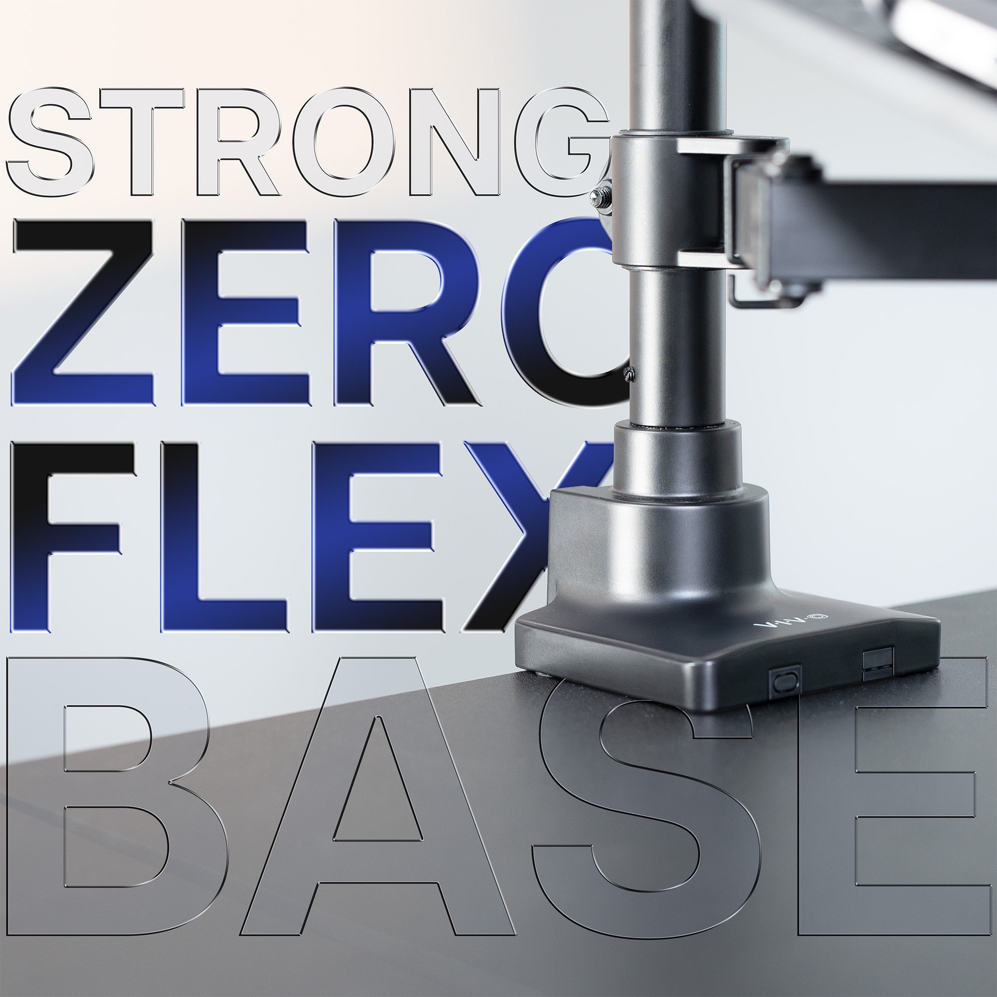 Monitor stand with 'Strong Zero Flex Base' text overlay.