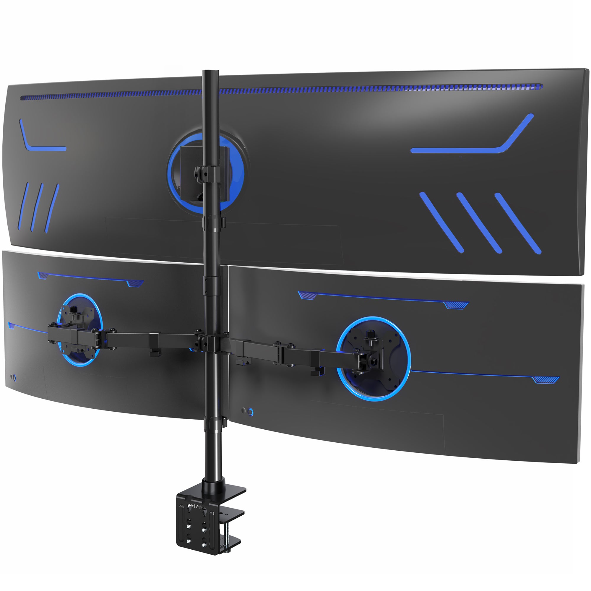 Three computer monitors on a desk with a keyboard and mouse.